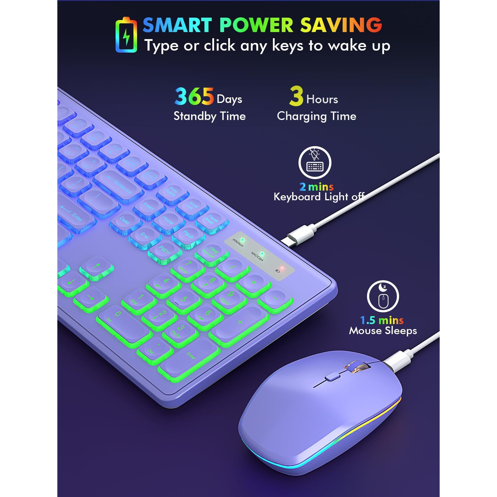 Wireless Keyboard And Mouse Combo, Rgb Backlit, Rechargeable & Light Up Letters, Full-Size, Ergonomic Tilt Angle, Sleep Mode, 2.4Ghz Quiet Keyboard Mouse For Mac, Windows, Laptop, Pc, Trueque(Purple)