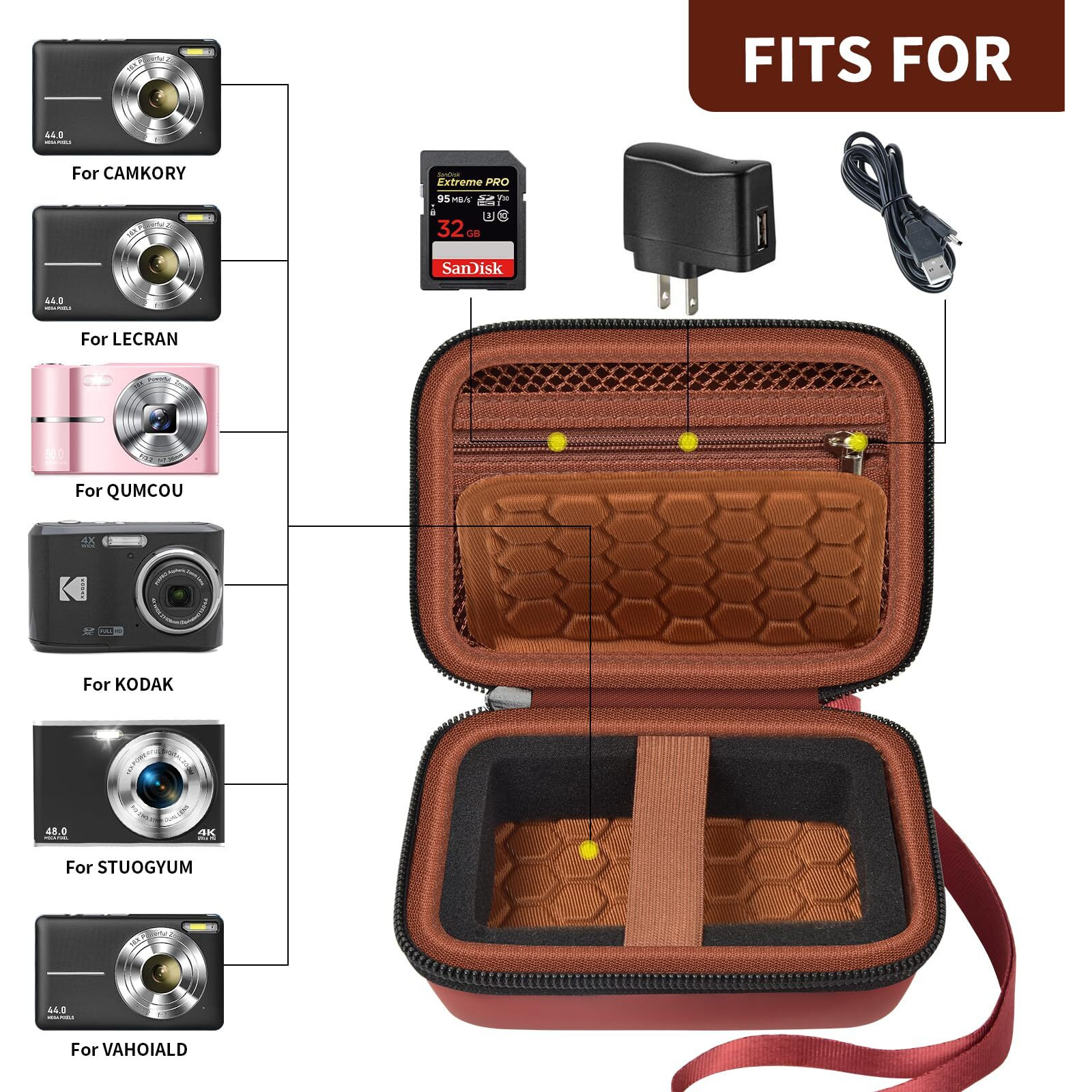Carrying & Protective Case For Digital Camera, Abergbest 21 Mega Pixels 2.7&quot&quot Lcd Rechargeable Hd/Kodak Pixpro/Canon Powershot Elph 180/190 / Sony Dscw800 / Dscw830 Cameras For Travel - Brown