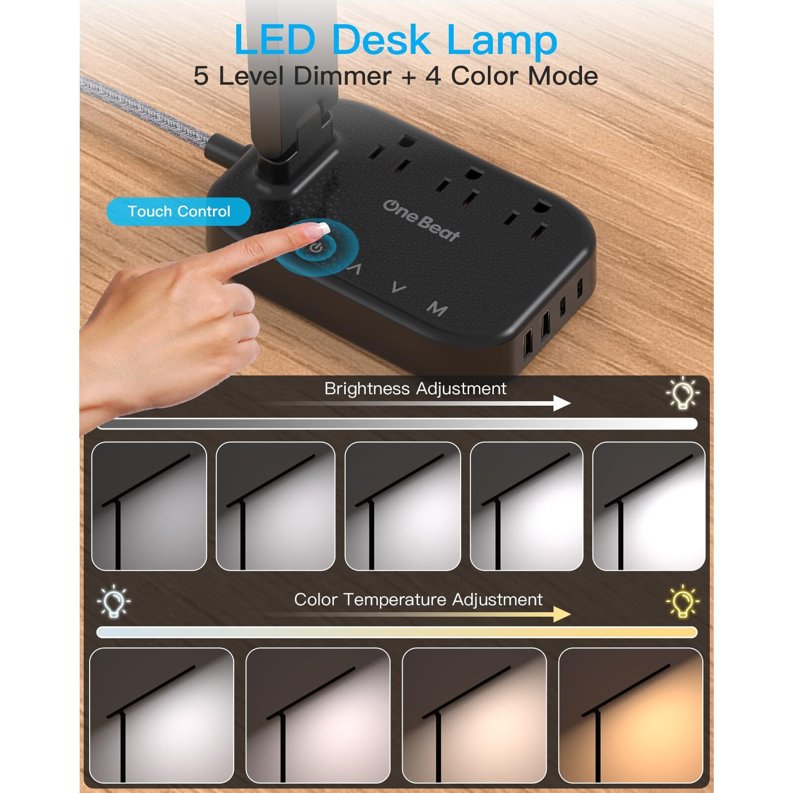 Power Strip With Led Desk Lamp, 3 Outlets 4 Usb Ports(2 Usbc) 4 Modes 5 Level Touch Lamp Small Desk Lamp For Home Office Bedroom Bedside, Study Reading Light, 5Ft Extension Cord, Dorm Room Essentials