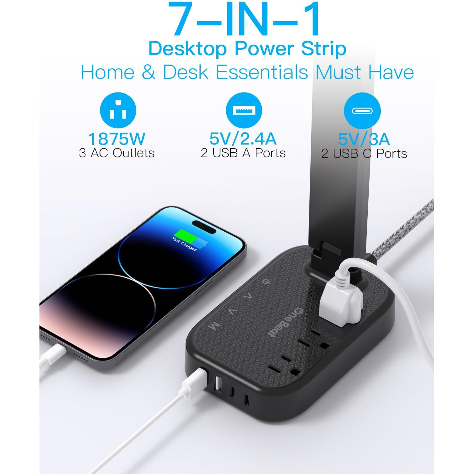 Power Strip With Led Desk Lamp, 3 Outlets 4 Usb Ports(2 Usbc) 4 Modes 5 Level Touch Lamp Small Desk Lamp For Home Office Bedroom Bedside, Study Reading Light, 5Ft Extension Cord, Dorm Room Essentials