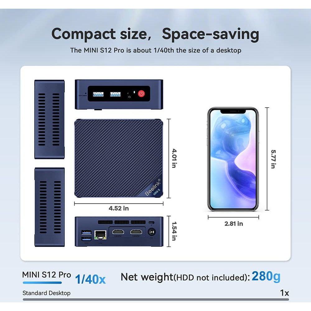 Beelink Mini Pc, Mini S12 Mini Computer 12Th Gen Quad-Core N100, Desktop Computers 16G Ddr4 Ram 500G Ssd, Small Pc 4K Uhd Dual Hdmi, Dual Wifi/Gigabit Ethernet/Bt5.2 For Office/Home/Htpc/Nas/W-11 Pro