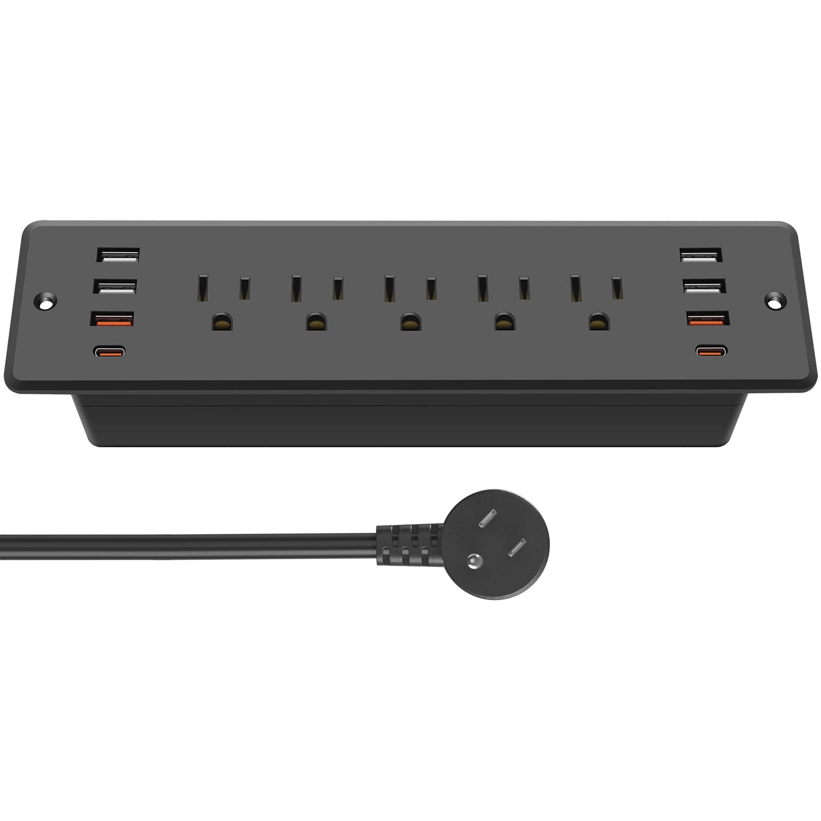 Cccei Recessed Power Strip Surge Protector With 5 Outlets, Usb 3.0 Usb-A And 45W Usb-C Ports, Built In Furniture Desk Hidden Outlet, With 6 Ft 45 Degree Flat Plug Extension Cord.
