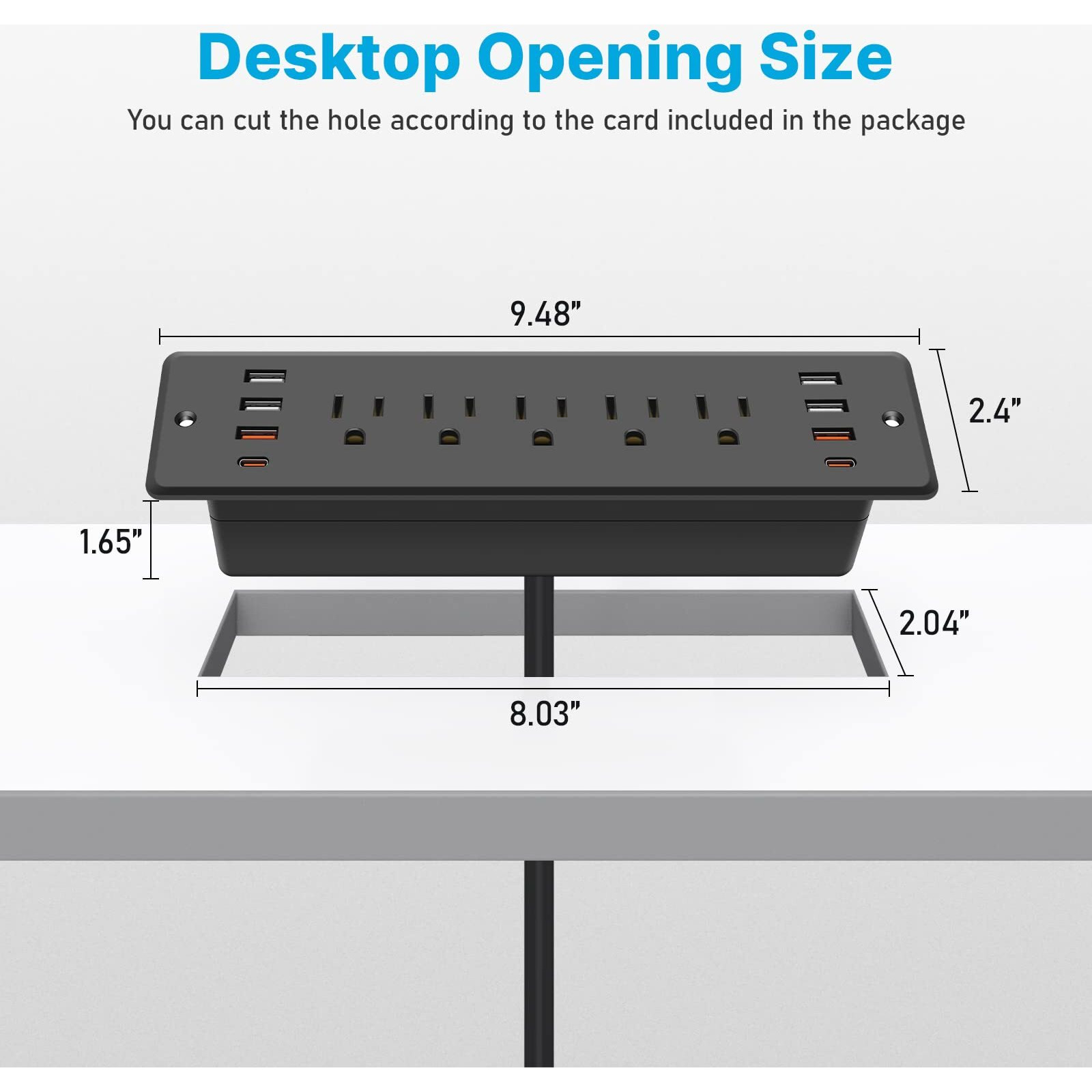 Cccei Recessed Power Strip Surge Protector With 5 Outlets, Usb 3.0 Usb-A And 45W Usb-C Ports, Built In Furniture Desk Hidden Outlet, With 6 Ft 45 Degree Flat Plug Extension Cord.