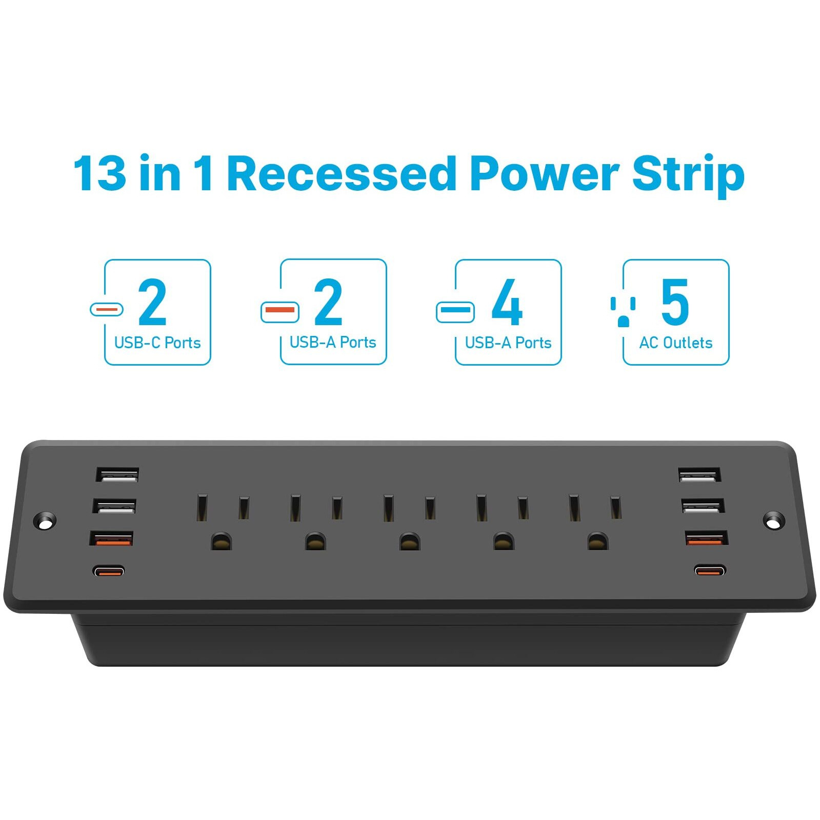 Cccei Recessed Power Strip Surge Protector With 5 Outlets, Usb 3.0 Usb-A And 45W Usb-C Ports, Built In Furniture Desk Hidden Outlet, With 6 Ft 45 Degree Flat Plug Extension Cord.
