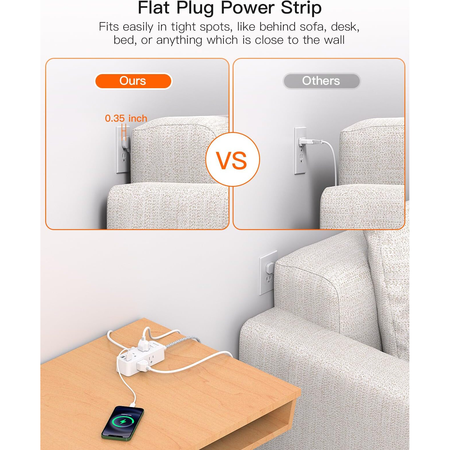 Flat Plug Power Strip, Flat Extension Cord, 5Ft Ultra Thin Flat Plug Extension Cord - 6 Ac With 3 Usb Ports(1 Usb C), Wall Mount, 3-Side Power Strip Surge Protector For Dorm Room Travel Essentials