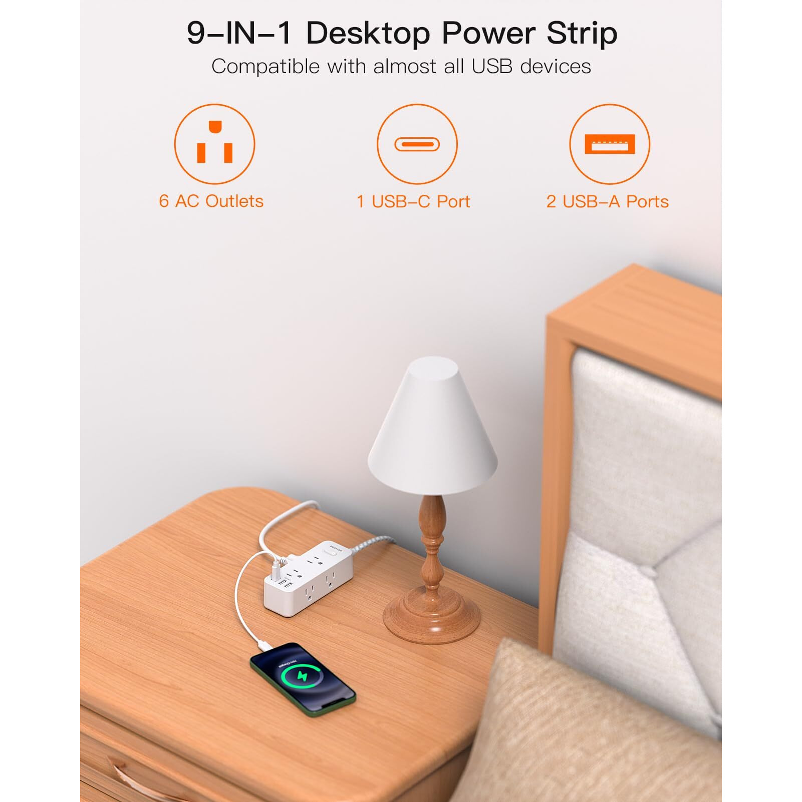 Flat Plug Power Strip, Flat Extension Cord, 5Ft Ultra Thin Flat Plug Extension Cord - 6 Ac With 3 Usb Ports(1 Usb C), Wall Mount, 3-Side Power Strip Surge Protector For Dorm Room Travel Essentials