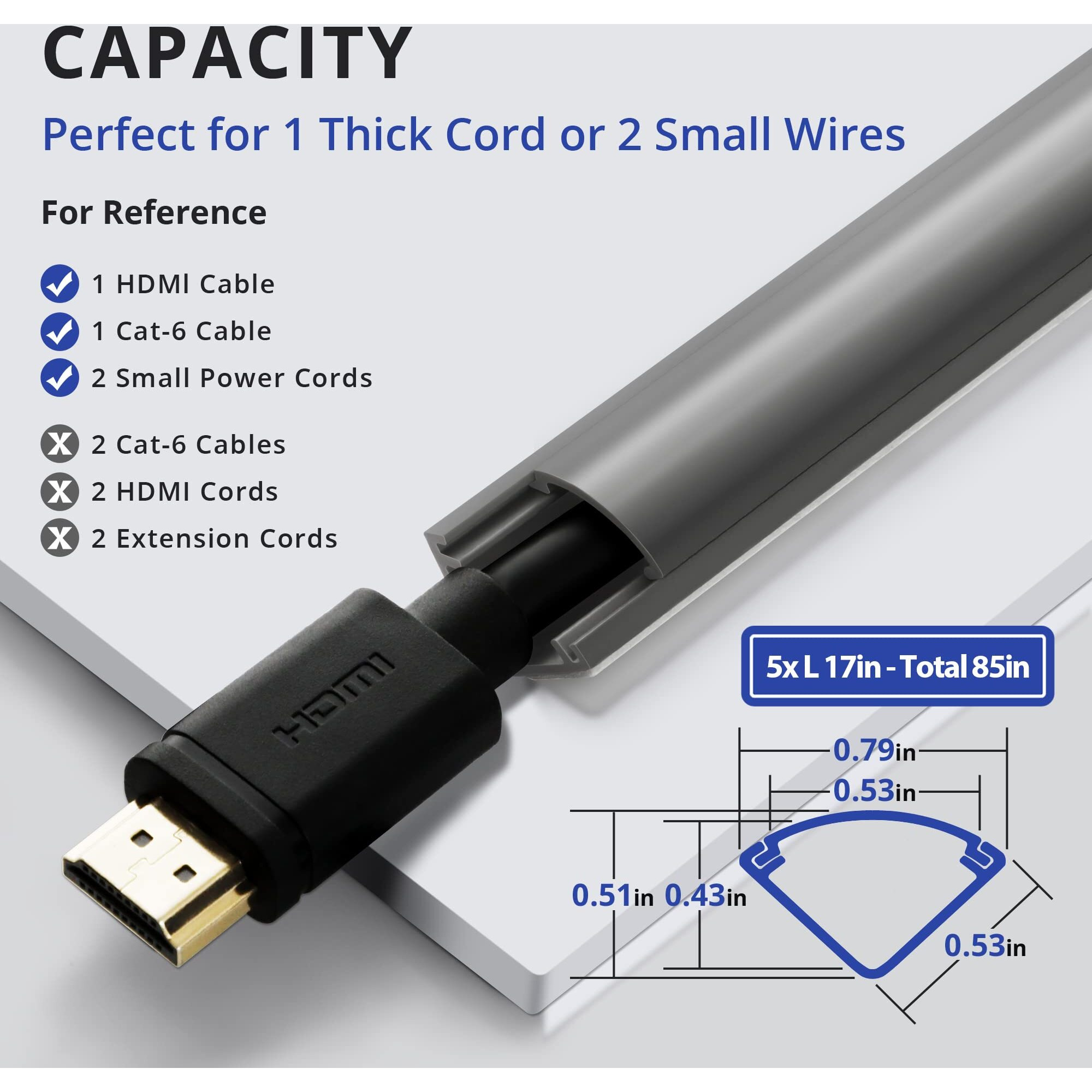 85In Corner Cable Concealer, One-Cord Corner Duct, Paintable Corner Cord Cover, Cable Management Channel For Wall Corner, Floor Baseboard, Ceiling - 5 X L 17In, Grey
