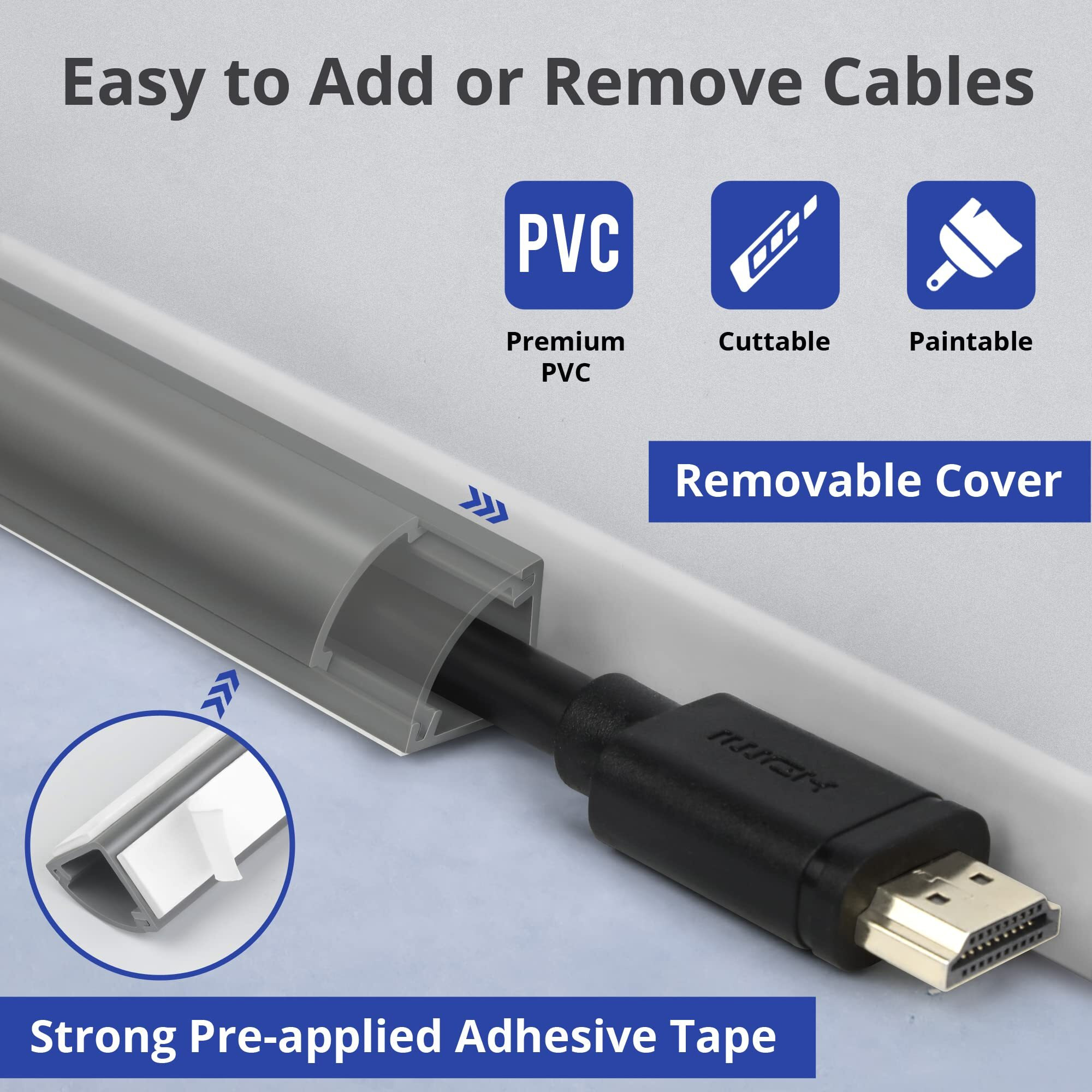 85In Corner Cable Concealer, One-Cord Corner Duct, Paintable Corner Cord Cover, Cable Management Channel For Wall Corner, Floor Baseboard, Ceiling - 5 X L 17In, Grey