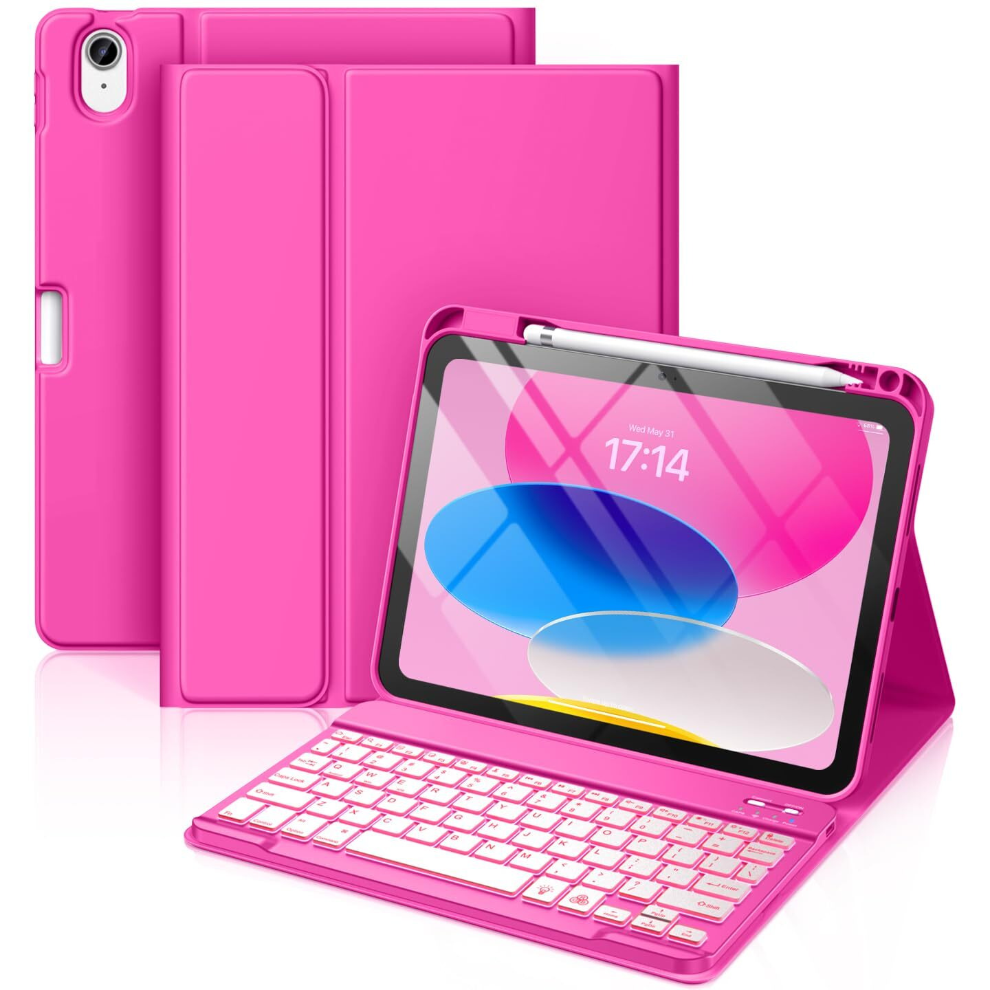 Hamile For Ipad 10Th Generation Case With Keyboard 10.9 Inch - 7 Colors Backlit Wireless Detachable Folio Keyboard Cover With Pencil Holder For New Ipad 10Th Gen 2022 (Hot Pink)