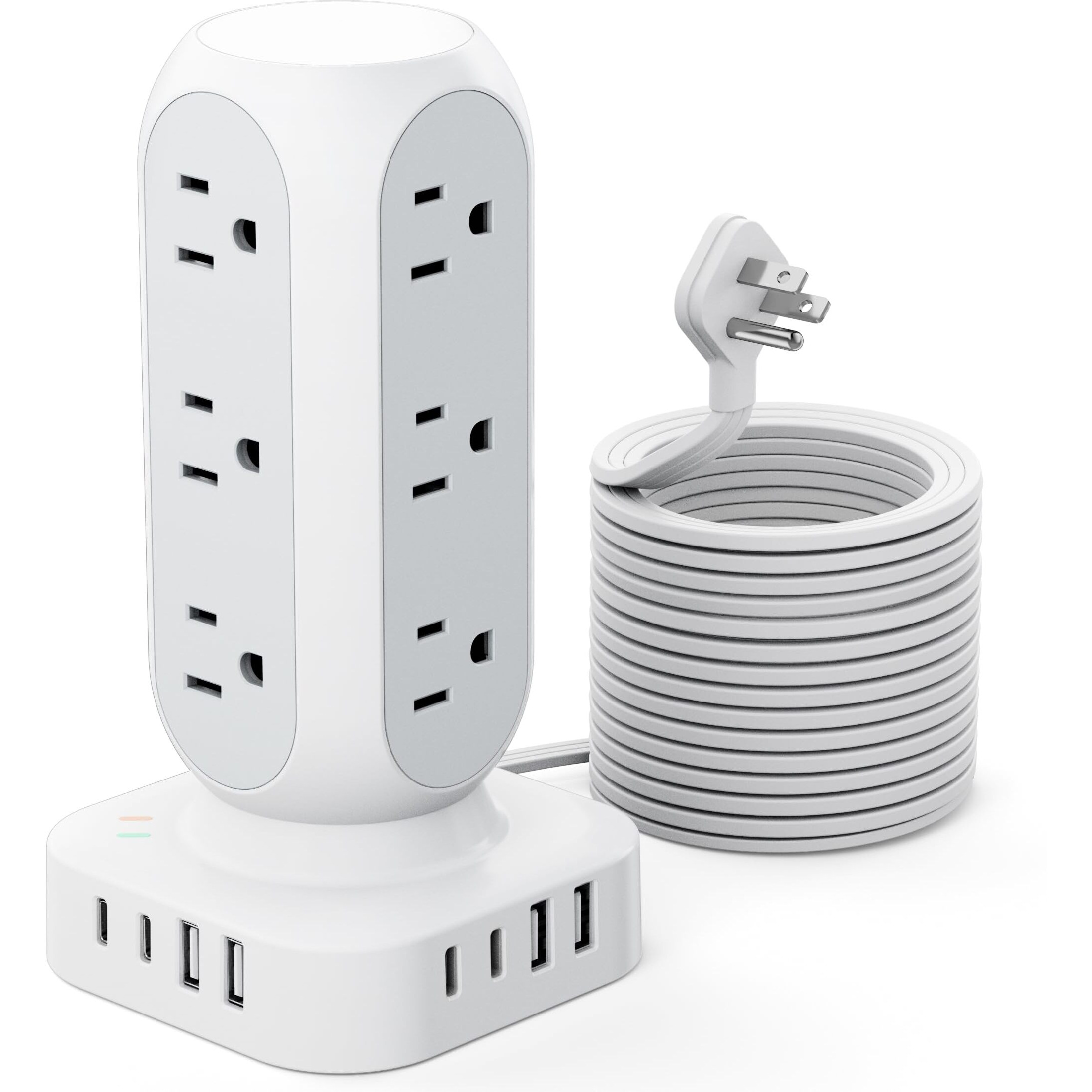 Tower Surge Protector Power Strip, 10Ft Extension Cord With Multiple Outlets, Flat Plug Outlet Extender With 12 Ac Outlets & 8 Usb Ports, 24W Total Charging Station For Home Office Dorm Room
