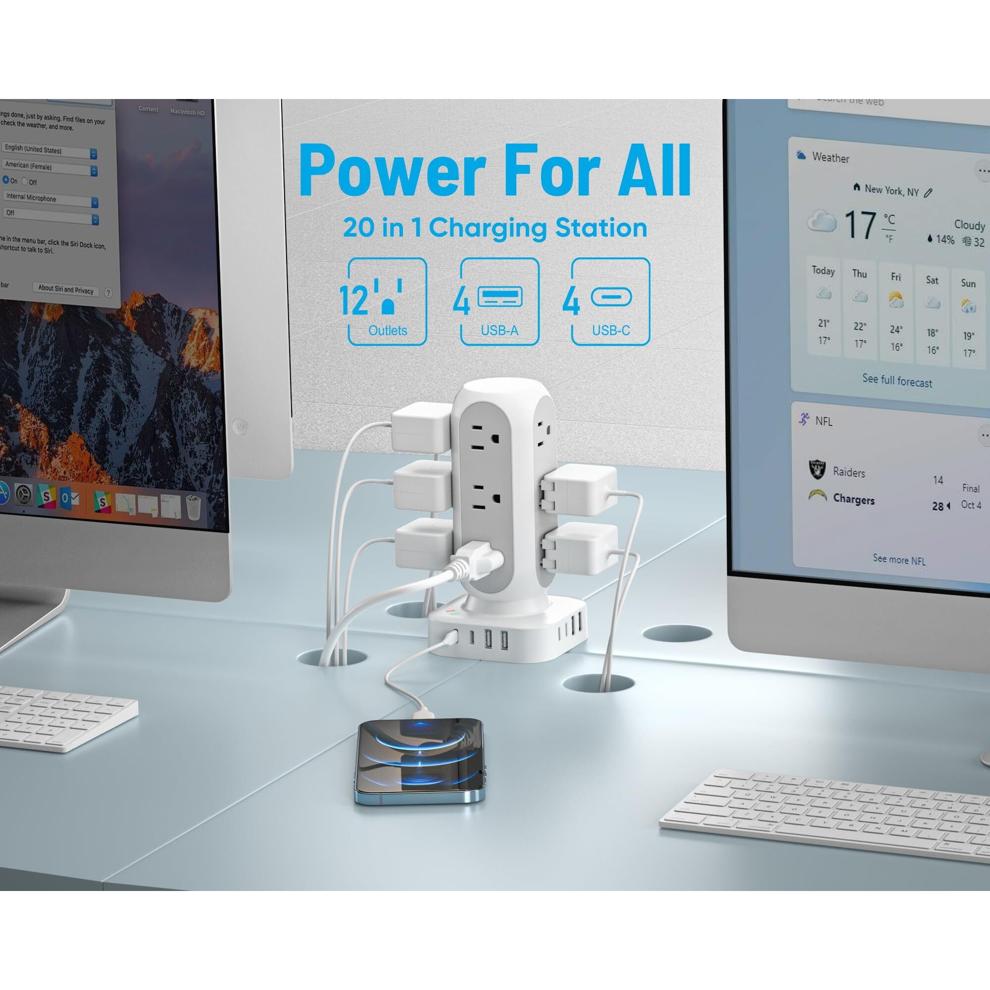 Tower Surge Protector Power Strip, 10Ft Extension Cord With Multiple Outlets, Flat Plug Outlet Extender With 12 Ac Outlets & 8 Usb Ports, 24W Total Charging Station For Home Office Dorm Room