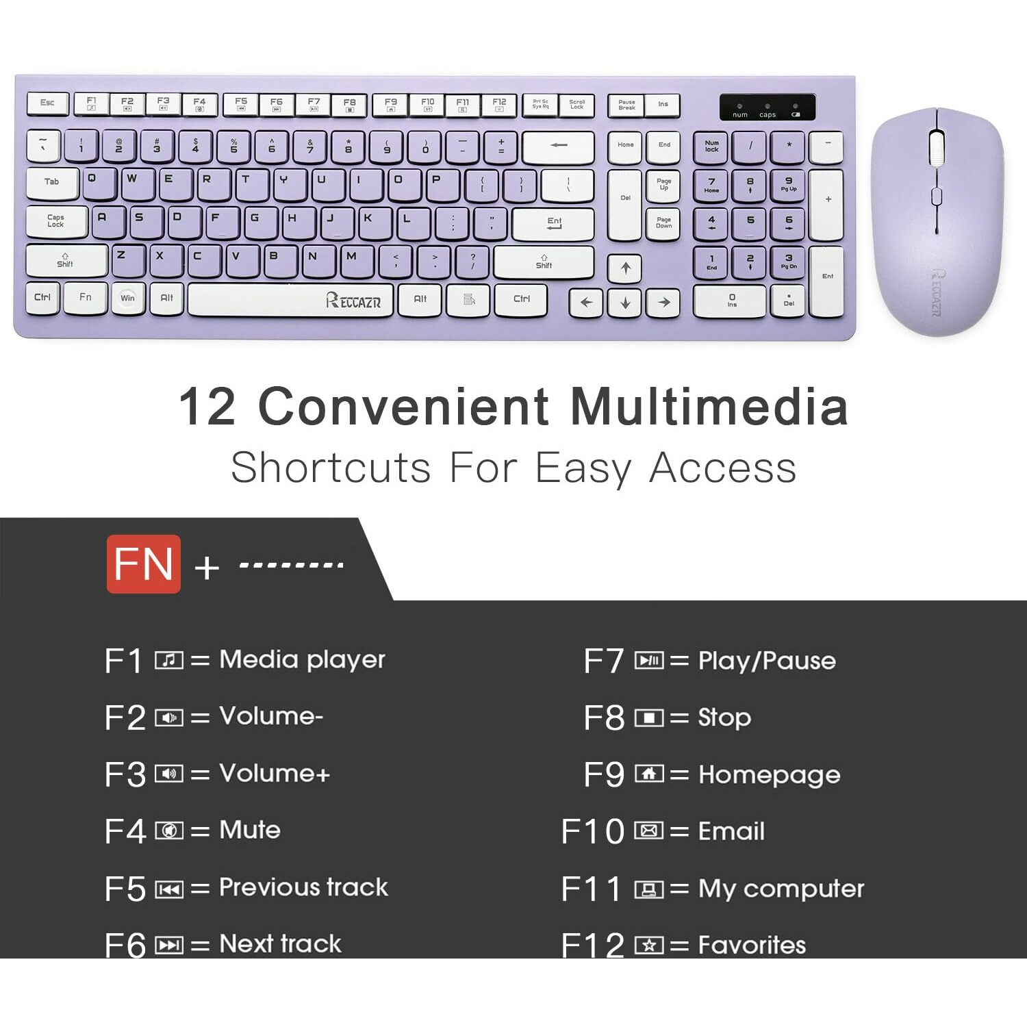 Reccazr Wireless Keyboard And Mouse Combo, Full-Sized Wireless Keyboard And Adjustable Dpi Mouse, 2.4Ghz Usb Receiver, Wireless Keyboard And Mouse For Pc, Windows, Desktop, Laptop (Purple)