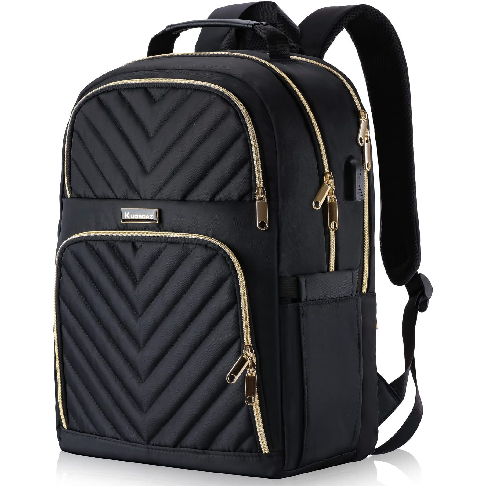 Travel Laptop/School Backpack For Teens, 15.6 Inch Quilted Work Backpack Purse With Usb Charging Port, Large Anti-Theft Bookbags For Student Teacher, Casual Daypacks For Women Men,Black
