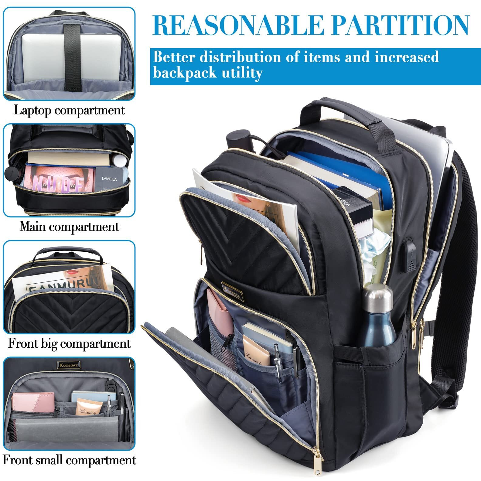 Travel Laptop/School Backpack For Teens, 15.6 Inch Quilted Work Backpack Purse With Usb Charging Port, Large Anti-Theft Bookbags For Student Teacher, Casual Daypacks For Women Men,Black