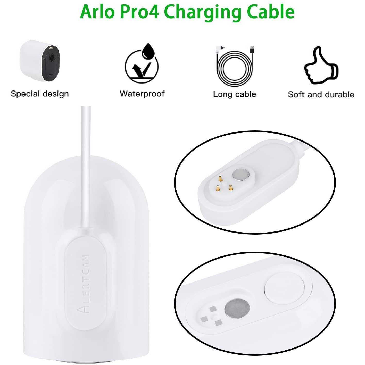 Alertcam 30Ft Magnetic Charging Cable For Arlo Pro 3, Pro 3 Floodlight, Arlo Pro 4, Arlo Pro 5S, Arlo Ultra, Arlo Ultra 2, Continuous Outdoor Charger Cable For Your Arlo Security Camera