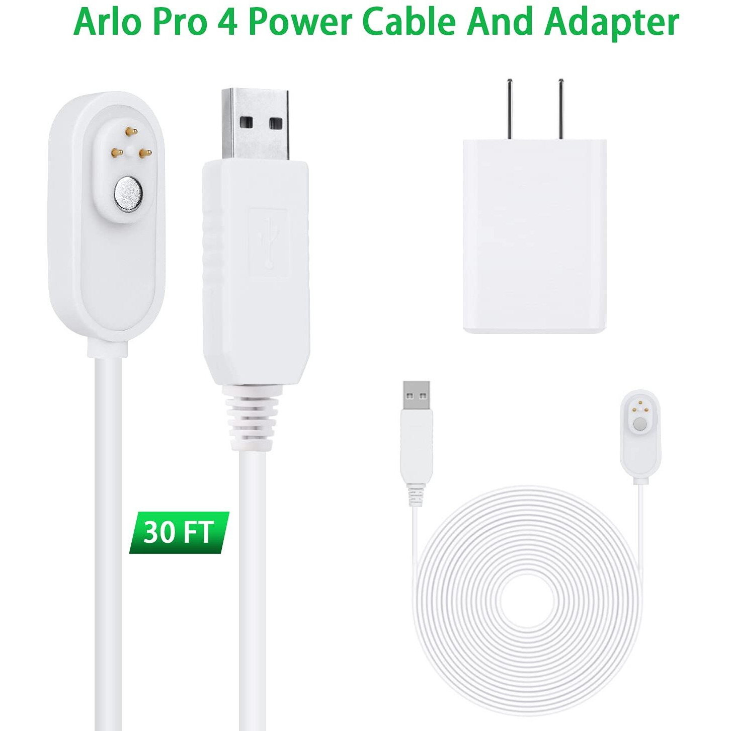 Alertcam 30Ft Magnetic Charging Cable For Arlo Pro 3, Pro 3 Floodlight, Arlo Pro 4, Arlo Pro 5S, Arlo Ultra, Arlo Ultra 2, Continuous Outdoor Charger Cable For Your Arlo Security Camera