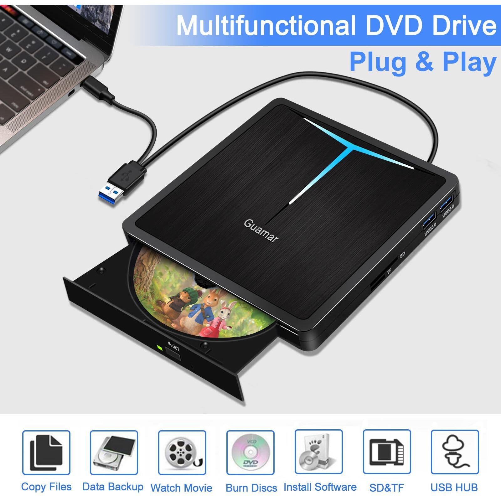 Guamar External Dvd Drive, Usb 3.0 Dvd Player For Laptop With 2 Usb/Sd/Tf Slot, Cd Drive External Usb Portable Cd/Dvd Burner Disk Reader Writer For Pc Mac Macbook Windows 11 Linux