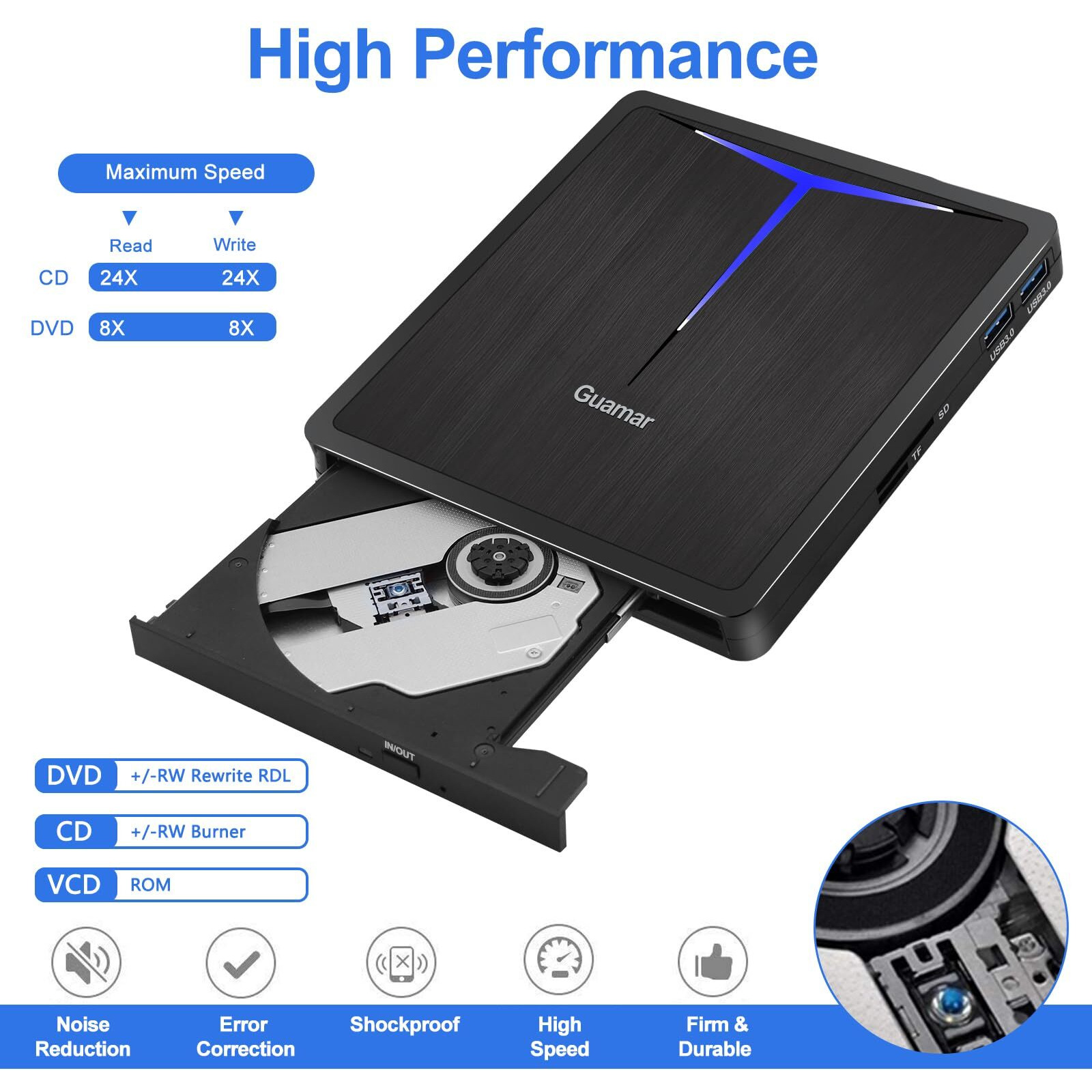 Guamar External Dvd Drive, Usb 3.0 Dvd Player For Laptop With 2 Usb/Sd/Tf Slot, Cd Drive External Usb Portable Cd/Dvd Burner Disk Reader Writer For Pc Mac Macbook Windows 11 Linux