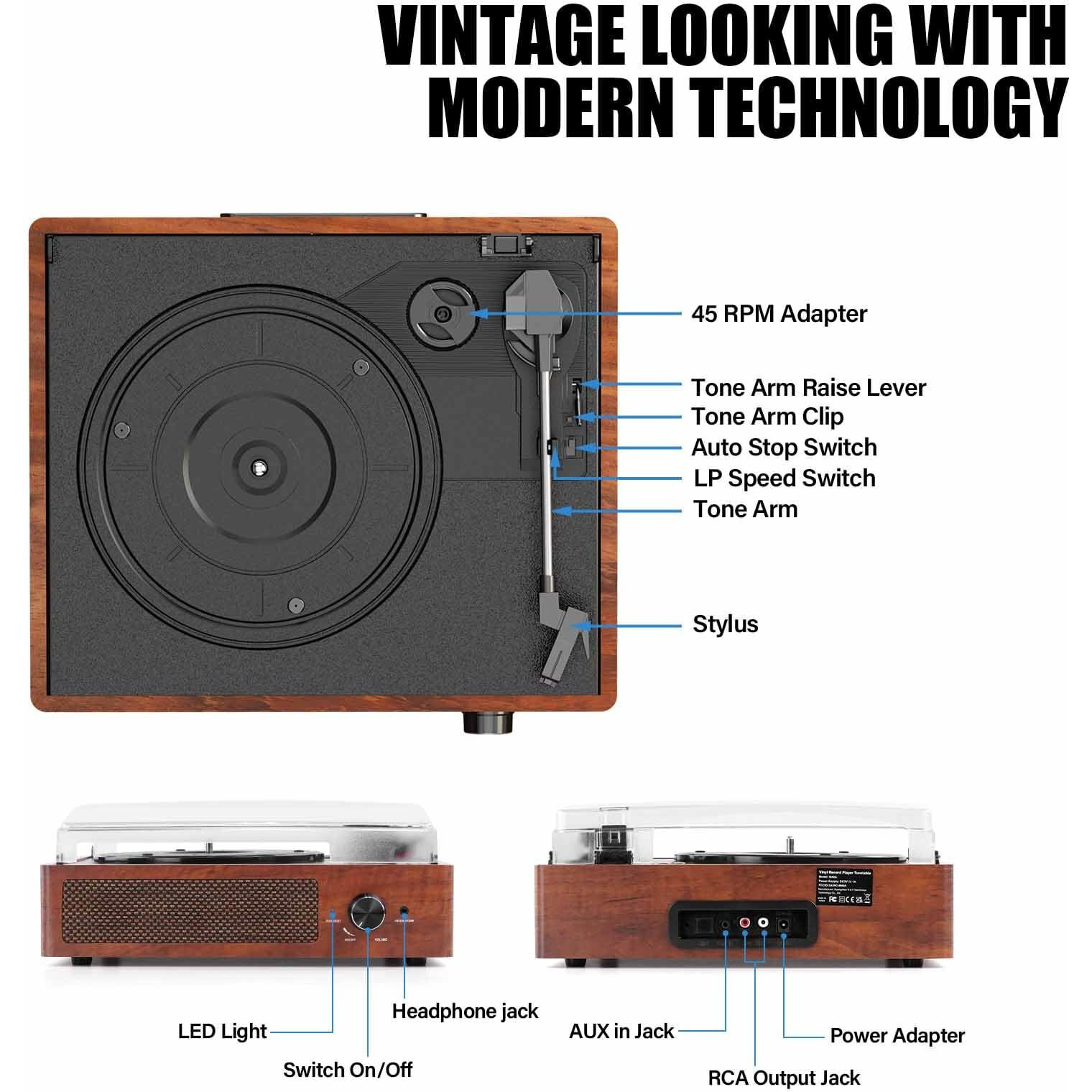 Vinyl Record Player Turntable With Built-In Bluetooth Receiver & 2 Stereo Speakers, 3 Speed 3 Size Portable Retro Record Player For Entertainment And Home Decoration(Orange)