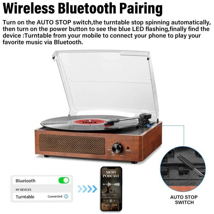 Vinyl Record Player Turntable With Built-In Bluetooth Receiver & 2 Stereo Speakers, 3 Speed 3 Size Portable Retro Record Player For Entertainment And Home Decoration(Orange)