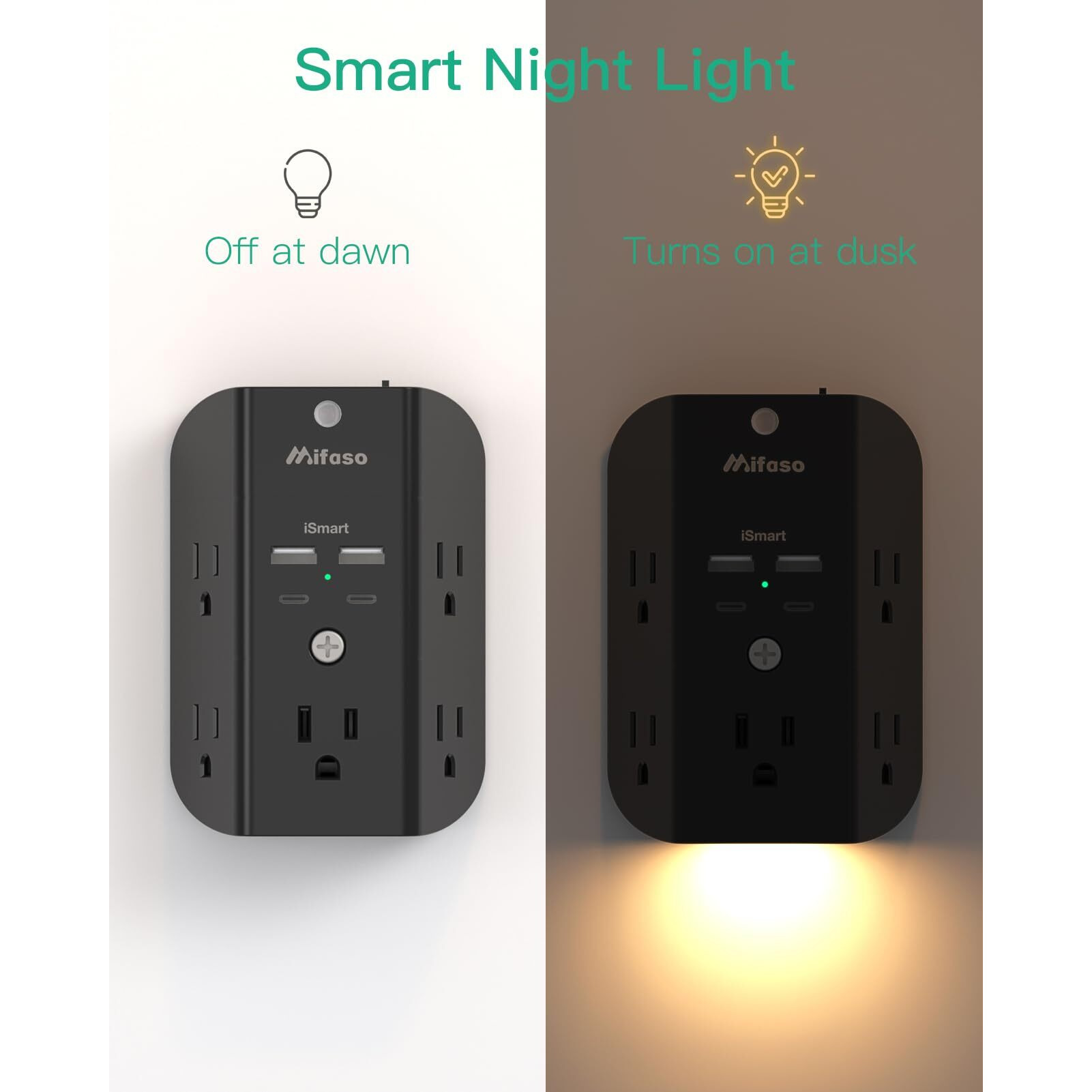 Surge Protector Outlet Extender With Night Light, 5-Outlet Splitter And 4 Usb Ports (2 Usb C Charger), Multi Plug Wall Outlet For Home, Dorm Room Essentials