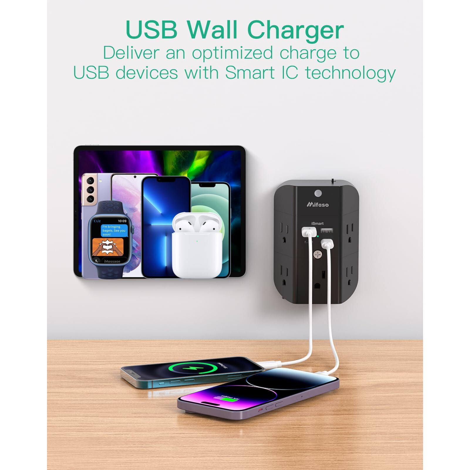 Surge Protector Outlet Extender With Night Light, 5-Outlet Splitter And 4 Usb Ports (2 Usb C Charger), Multi Plug Wall Outlet For Home, Dorm Room Essentials