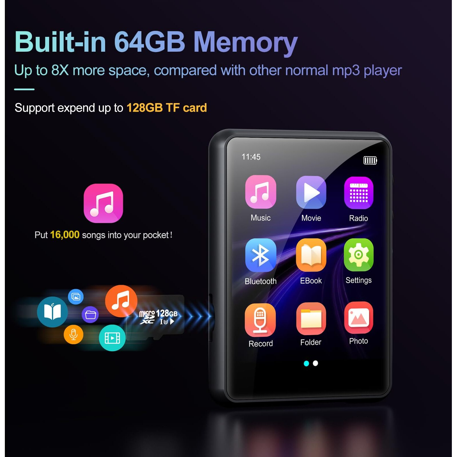 Mp3 Player With Bluetooth 5.3, Portable Hifi Lossless Sound Music Player With Speaker, Built-In 64Gb Memory, Fm Radio, Voice Recorder, E-Book, 2.4 In Full Touchscreen, Supports Up To 128Gb Tf Card