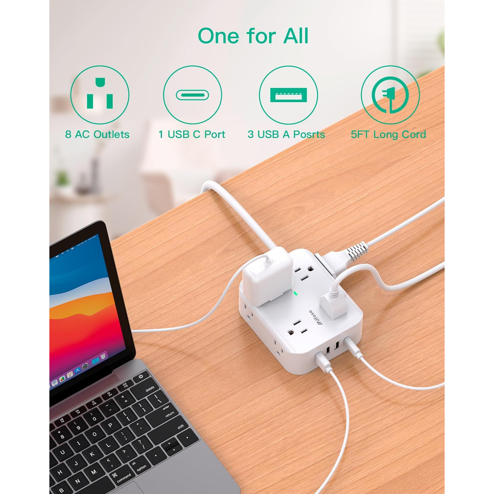 Power Strip Surge Protector - Flat Plug, 8 Wide Outlets With 4 Usb Ports (1 Usb C), 5Ft Heavy Duty Extension Cord With Multiple Outlets, Wall Mount, Charging Station Overload Protection For Home Dorm