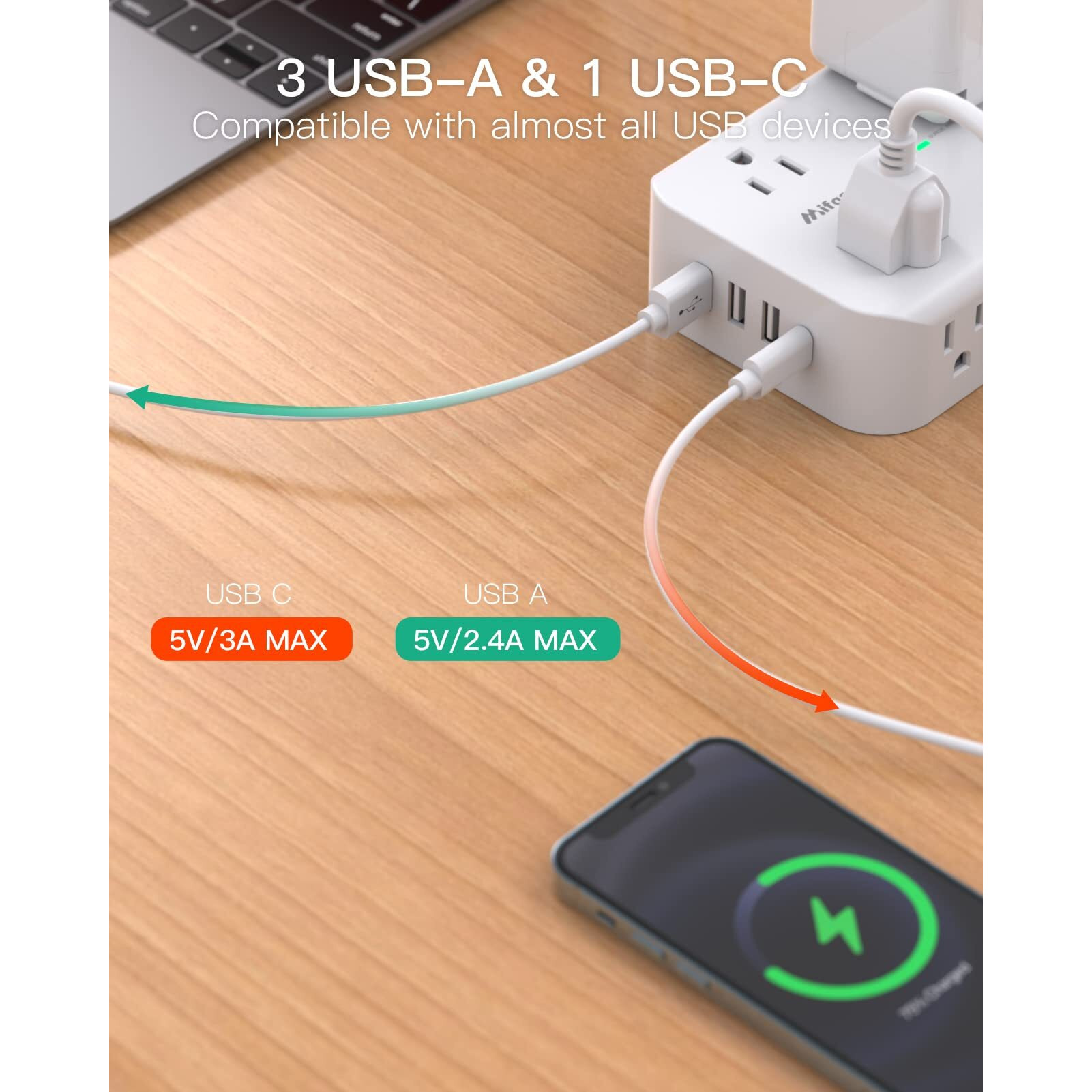 Power Strip Surge Protector - Flat Plug, 8 Wide Outlets With 4 Usb Ports (1 Usb C), 5Ft Heavy Duty Extension Cord With Multiple Outlets, Wall Mount, Charging Station Overload Protection For Home Dorm