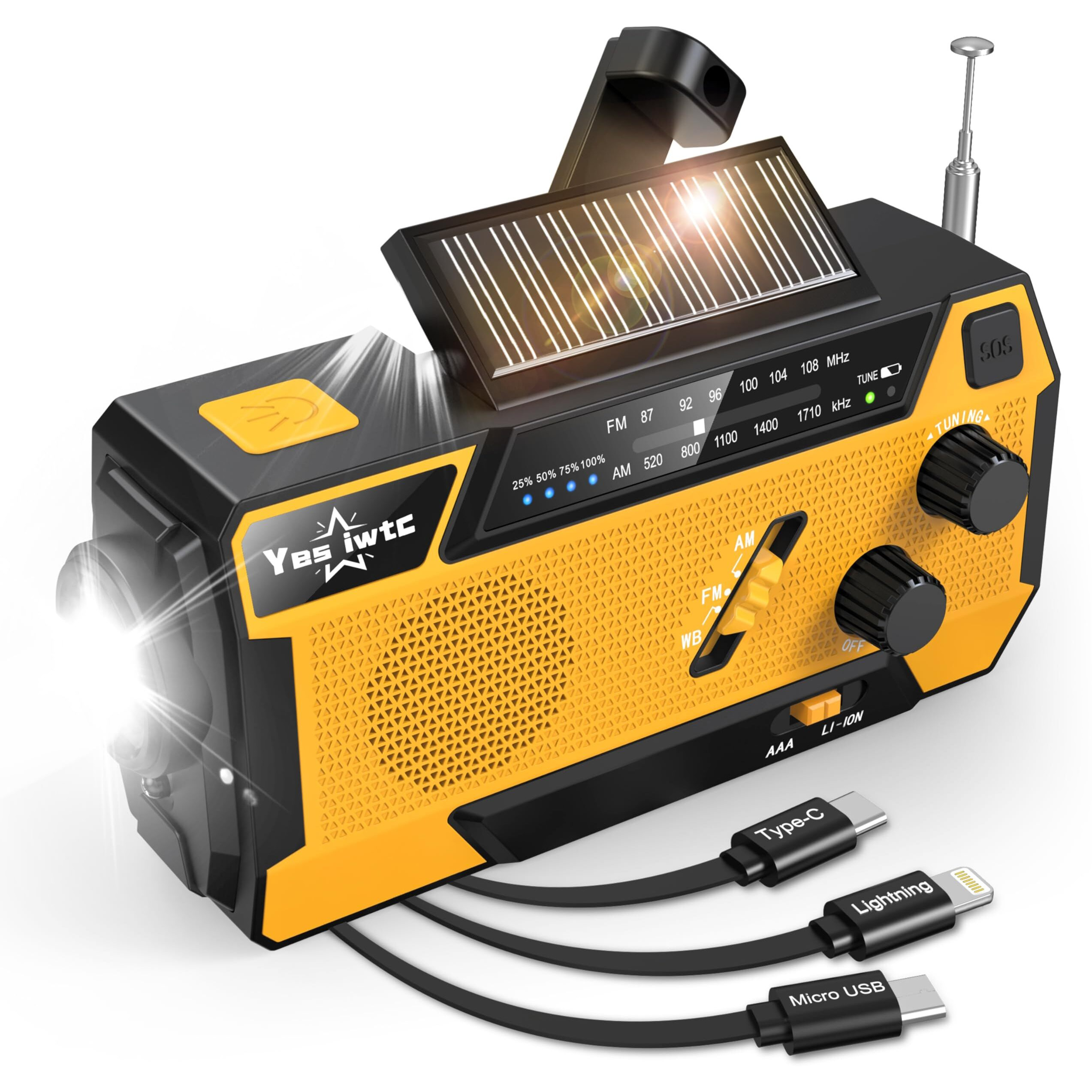 Yesiwtc Emergency Weather Radio 7400Mwh Emergency Crank Radio 3 In 1 Charging Cable Hand Crank Solar Radio With Noaa/Am/Fm Power Bank Sos Alert/Flashlight For Emergency Camping Storm Survival
