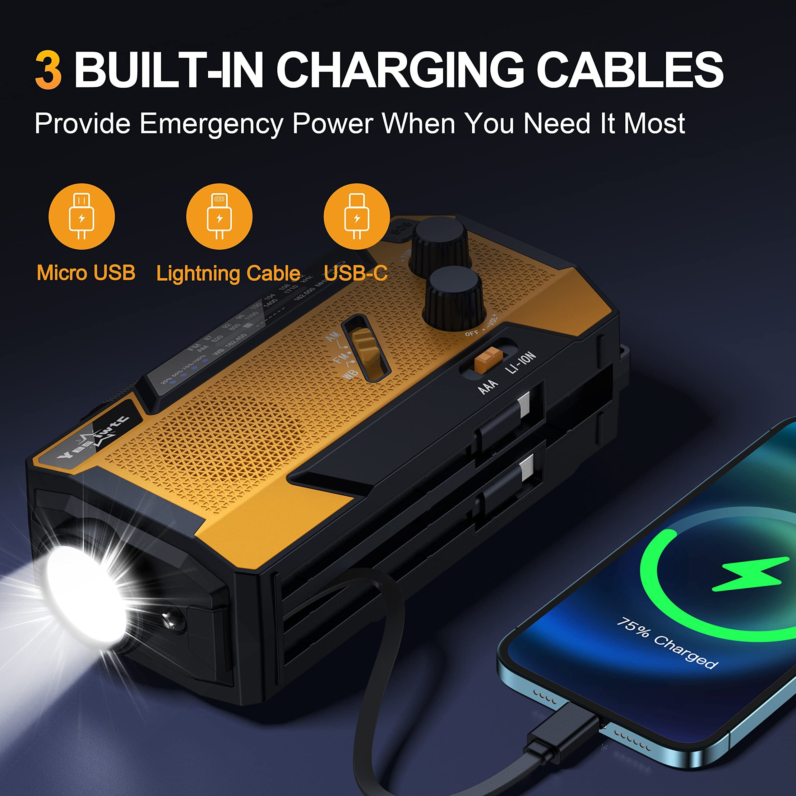Yesiwtc Emergency Weather Radio 7400Mwh Emergency Crank Radio 3 In 1 Charging Cable Hand Crank Solar Radio With Noaa/Am/Fm Power Bank Sos Alert/Flashlight For Emergency Camping Storm Survival