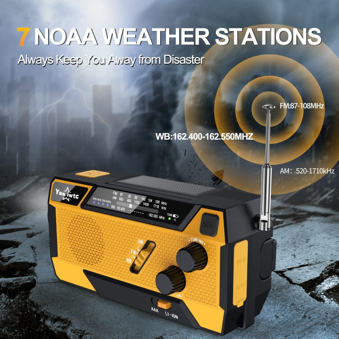 Yesiwtc Emergency Weather Radio 7400Mwh Emergency Crank Radio 3 In 1 Charging Cable Hand Crank Solar Radio With Noaa/Am/Fm Power Bank Sos Alert/Flashlight For Emergency Camping Storm Survival