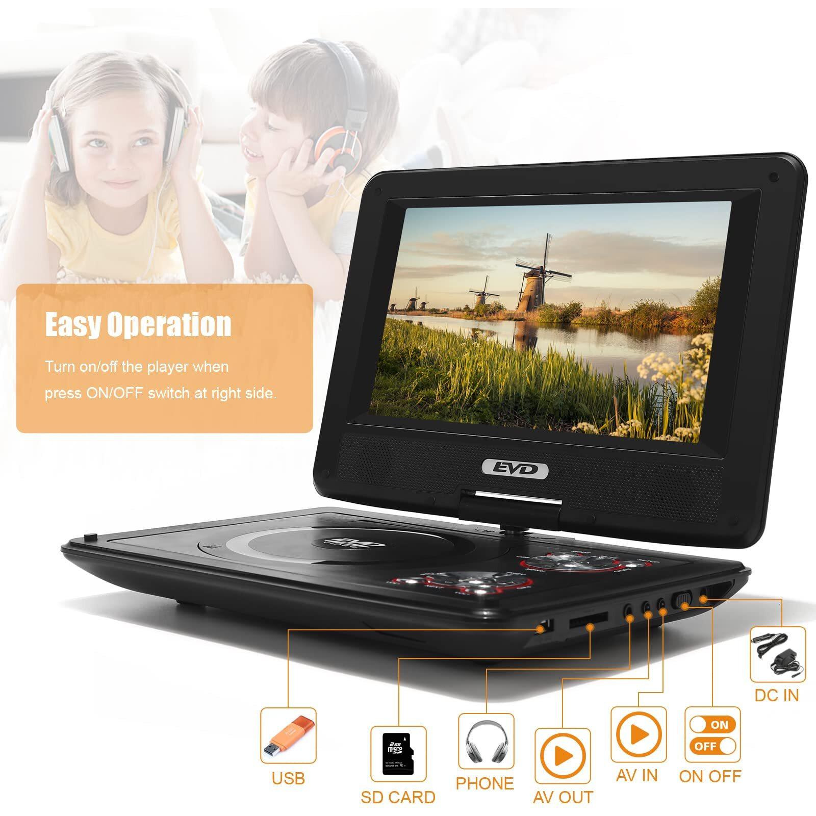 11.5"" Portable Dvd Player With 9.5"" Swivel Screen, 5-Hours Rechargeable Battery,Car Dvd Player,Support Cd/Dvd/Sd Card/Usb,Regions Free,Dual Speakers, Black