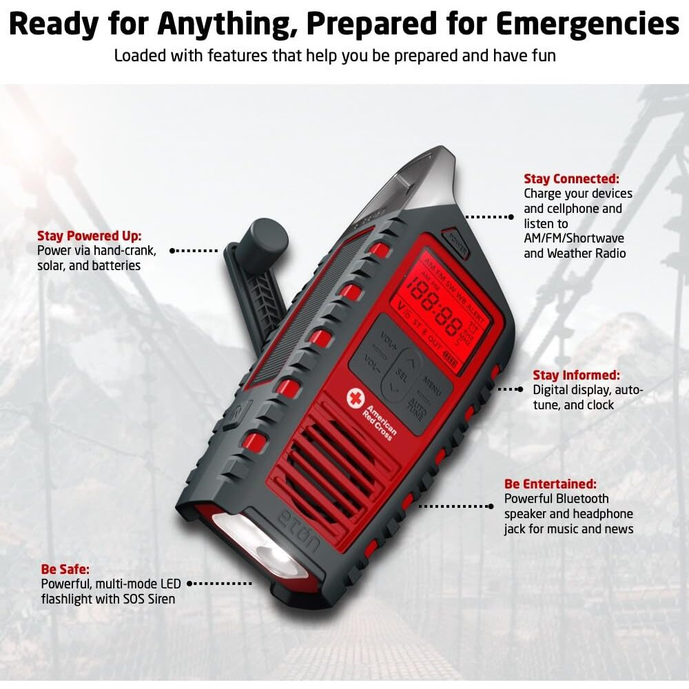 Eton American Red Cross Adventure Series Odyssey- Multi-Powered All-Band Radio (Am/Fm/Noaa/Shortwave) With Bluetooth, Solar Powered, Battery Powered, Led Flashlight, Phone Charger