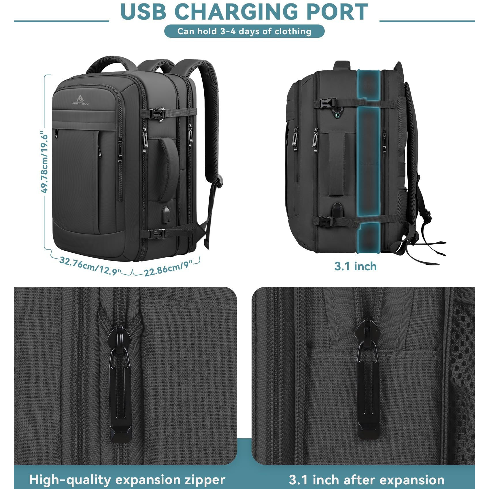 Travel Backpack, Extra Large Backpack, Carry On Backpack, 50L Expandable Airline Approved Water Resistant Business Luggage Suitcase Daypack Bag Fits 17 Inch Laptops, Travel Gifts For Men Women, Black