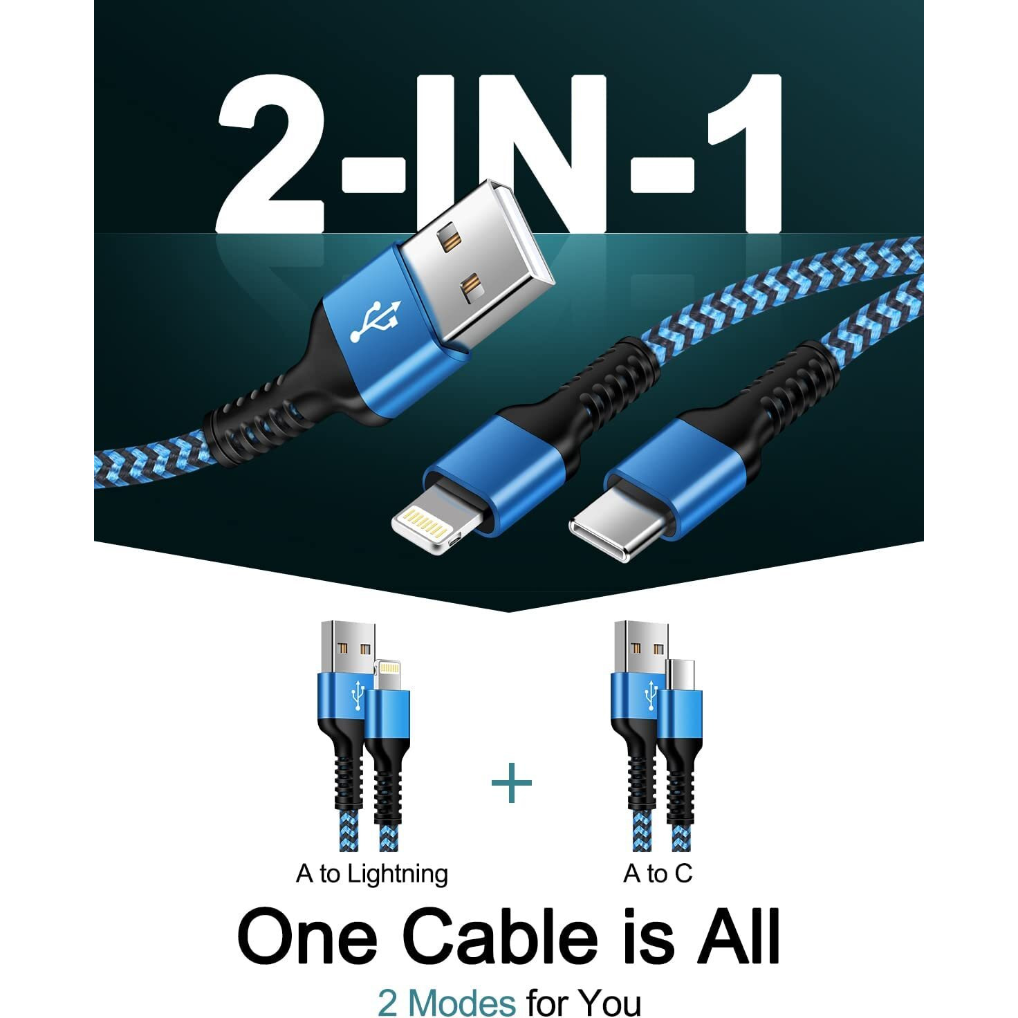 Multi Charging Cable 2-In-1, 4Ft Long Multiple Charger Cord Usb To Lightning & Type C Port Apple And Android Braided Charging Wire For Iphone 15 Pro Max 14 13 12 Xr 8Plus, Ipad Air/Mini, Galaxy, Pixel