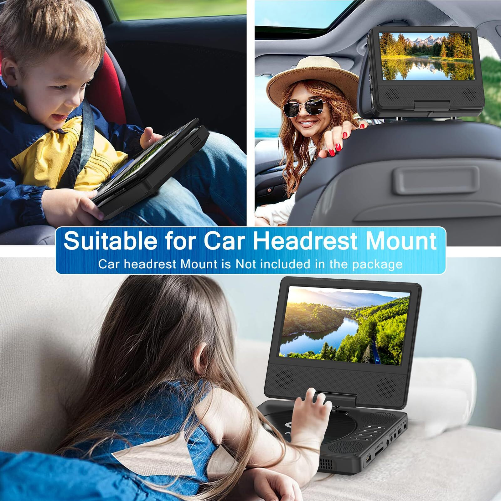 9.5"" Portable Dvd Player With 7.5"" Swivel Display Screen, 5-Hour Built-In Rechargeable Battery, Car Dvd Player,Supports Sd Card/Usb/Cd/Dvd And Multiple Disc Formats, High Volume Speaker,Black