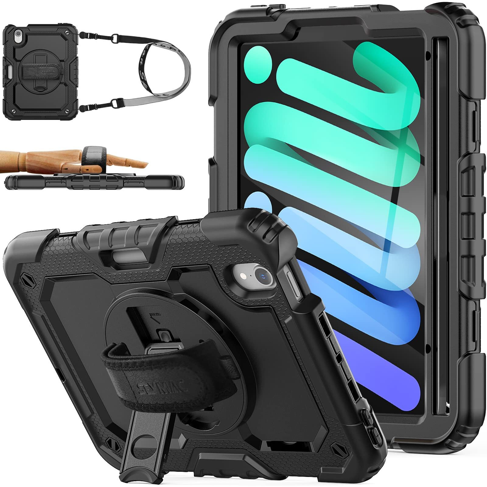 Seymac Stock Case For Ipad Mini 6 8.3'' 2021 With Screen Protector Pencil Holder [360 Rotating Hand Strap] &Stand, Drop-Proof Case For Ipad Mini 6Th Generation 8.3"", Black
