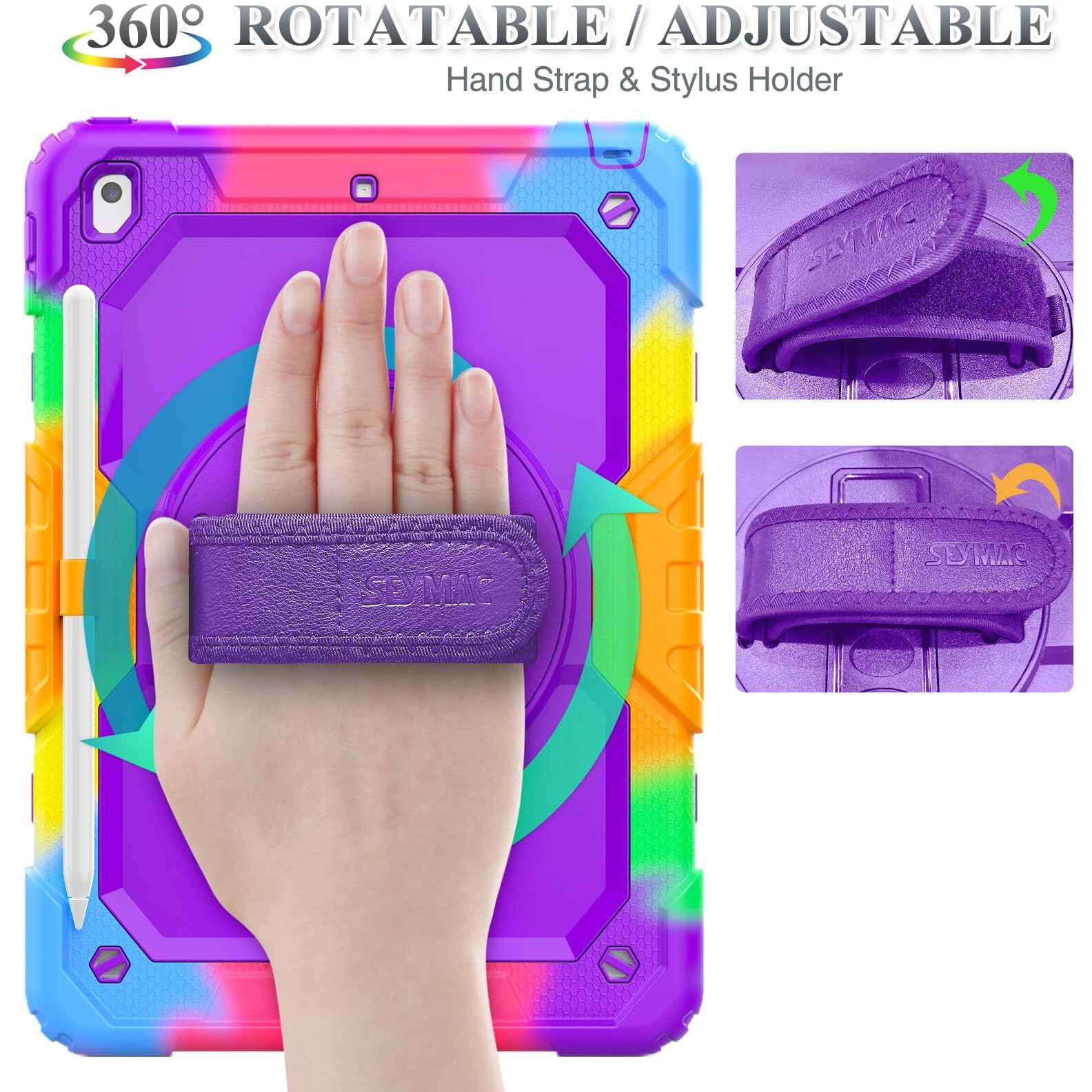 Seymac Stock Case For Ipad 9Th/ 8Th/ 7Th Generation 10.2'', Shockproof Case With Screen Protector Pencil Holder [360 Rotating Hand Strap] &Stand, Case For Ipad 10.2 Inch 2021-2019 (Purple+Colorful)