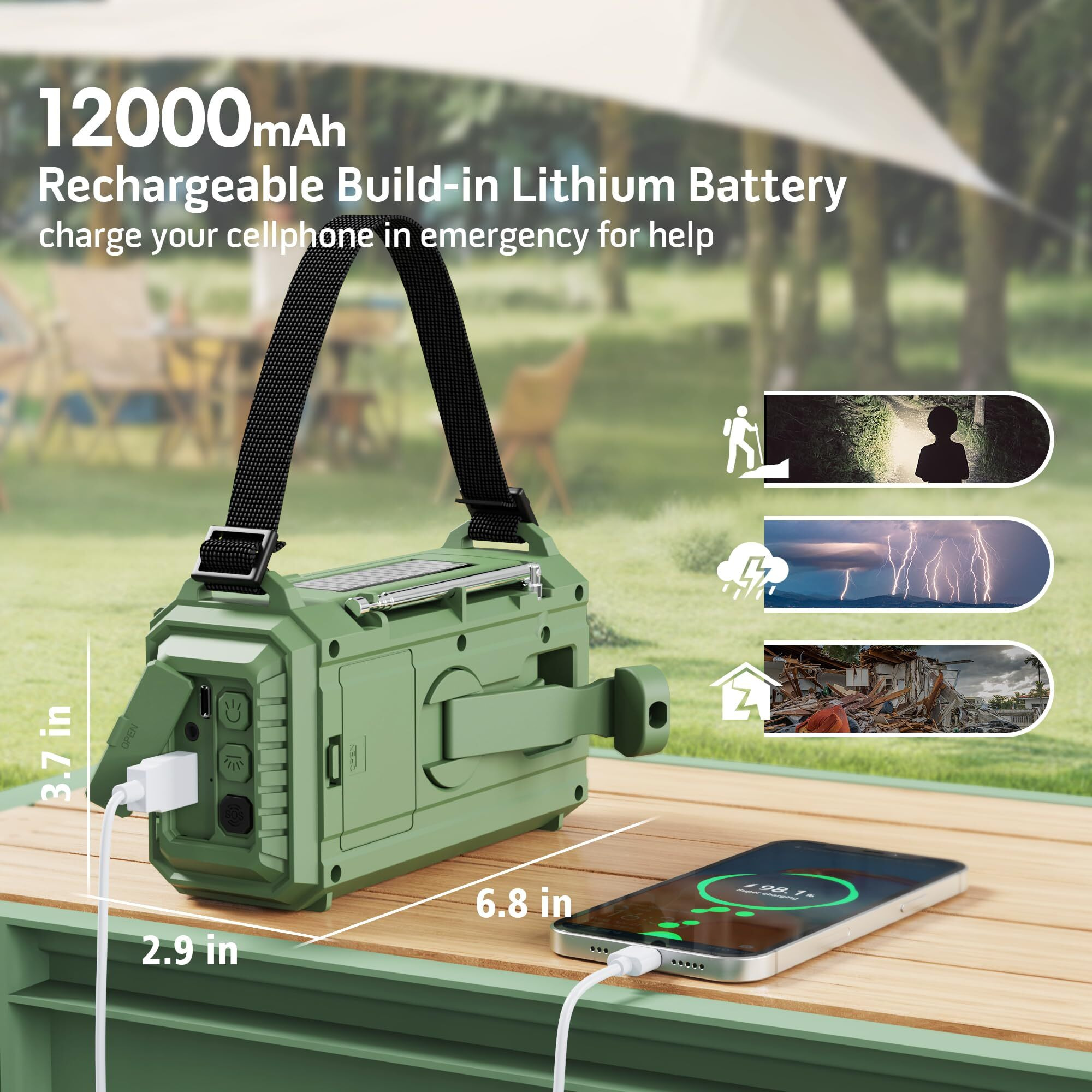 12000 Emergency Radio, Noaa Weather Radio With Am/Fm/Noaa/Sw,Sos Battery Operated Radio,5 Way Powered Emergency Hand Crank Radio With Usb Charger, Flashlight, Reading Lamp, Headphone Jack For Outdoor