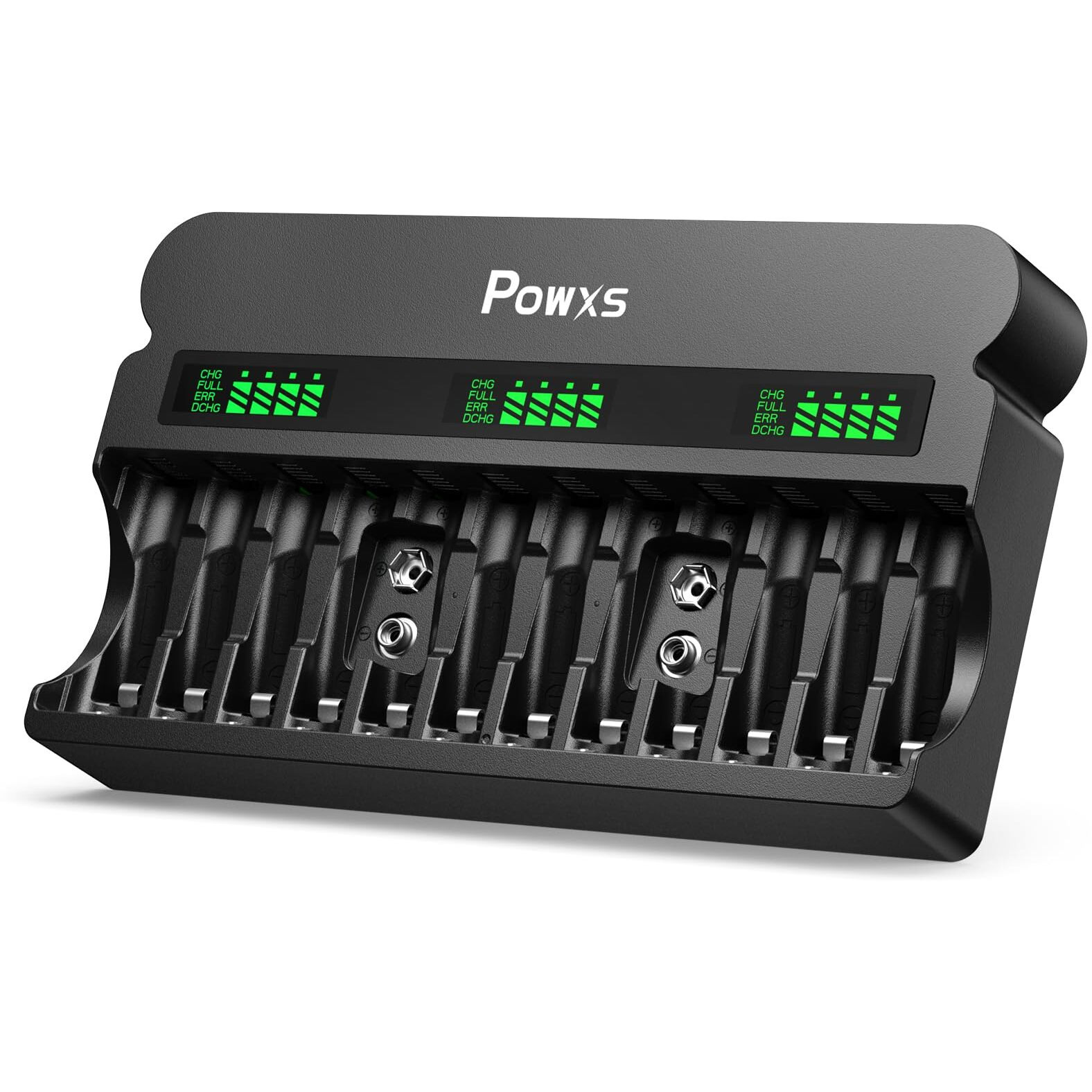 Powxs Rechargeable Aa Aaa 9V Battery Charger With 1800Ma High-Speed, 12 Bay Independent Battery Charger For 1.2V Ni-Mh Ni-Cd Aa Aaa 9V Rechargeable Batteries And 9V Lithium Ion(Include Ac Cable)