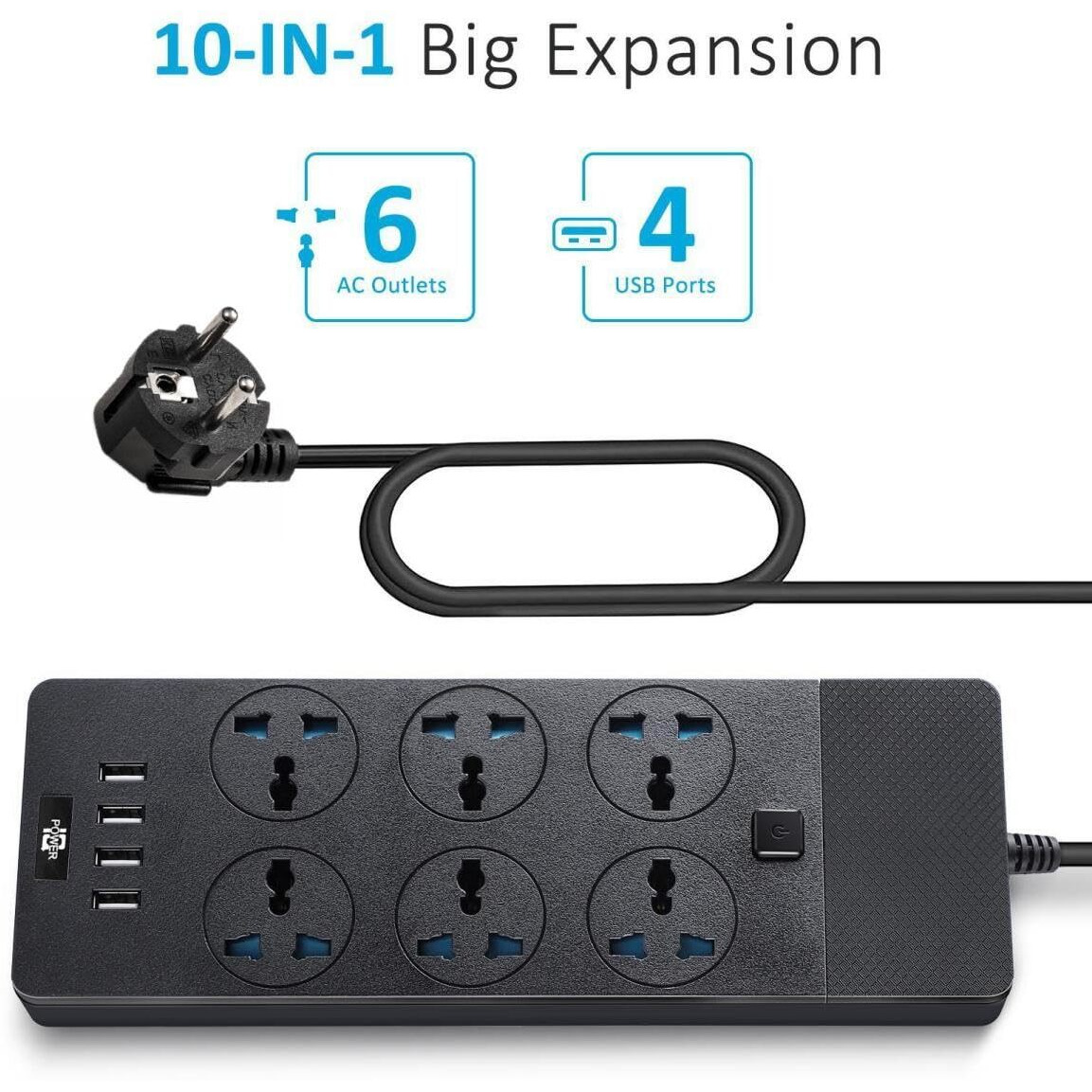 European Power Strip, Jumpso Universal Power Strip With 6 Ac Outlets And 4 Usb Ports, 110-240V, 3000W Power Strip With Eu Plug, 6Ft, Electrical Outlet Extender For Travel Home Office Essentials