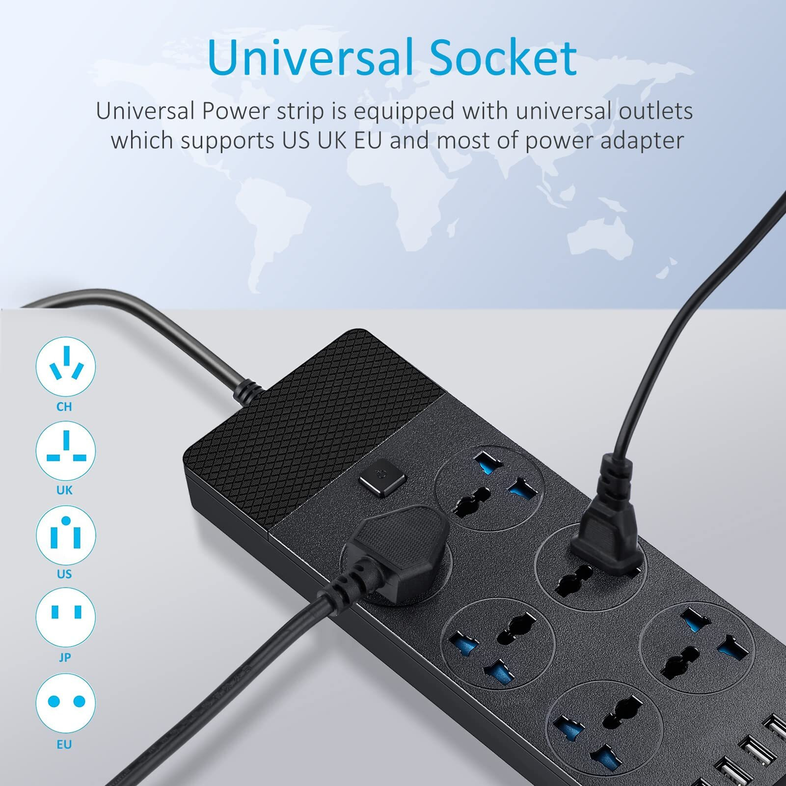 European Power Strip, Jumpso Universal Power Strip With 6 Ac Outlets And 4 Usb Ports, 110-240V, 3000W Power Strip With Eu Plug, 6Ft, Electrical Outlet Extender For Travel Home Office Essentials