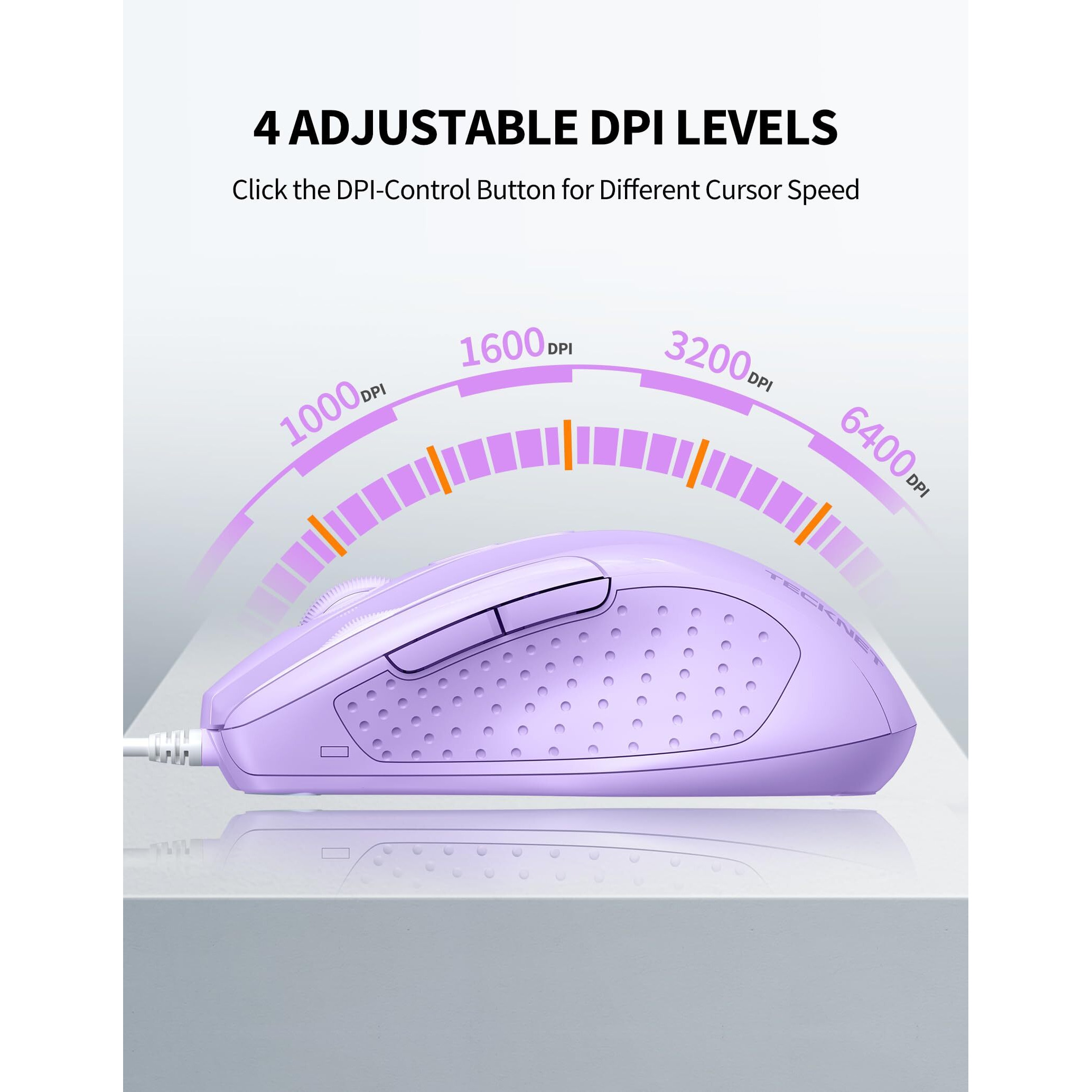 Tecknet Usb Wired Mouse, 6-Button Corded Mouse With 4 Adjustable Dpi, Optical Computer Mouse With Ergonomic Design And 5Ft Cord For Laptop, Chromebook, Pc, Desktop, Mac, Notebook -Lt.Purple
