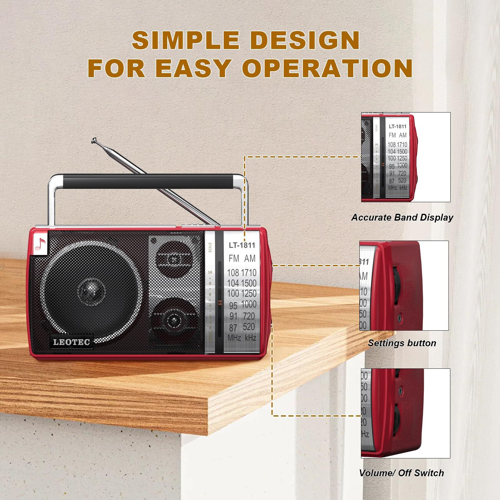 Leotec Am Fm Radio, Portable Bluetooth Radio, Plug In Wall Or Battery Operated Best Reception With Headphone Jack, Handheld Great For Home, Outdoor, Red