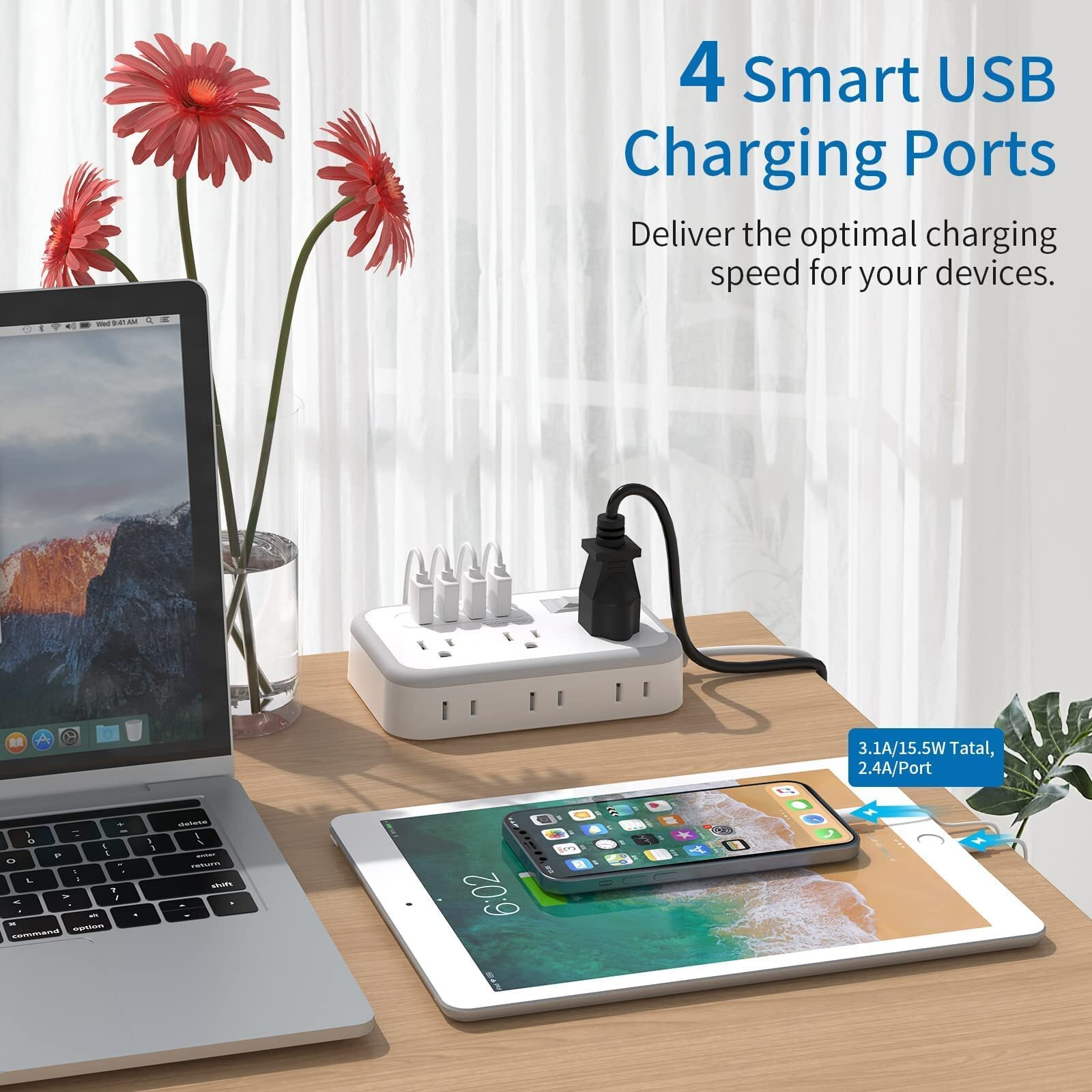 Ntonpower Power Strip With Usb, Flat Plug Power Strip With 4 Usb Ports 6 Outlets, 5 Ft White Extension Cord, Overload Protection, Outlet Extender For Travel, Indoor, Home Office, Dorm Room Essentials
