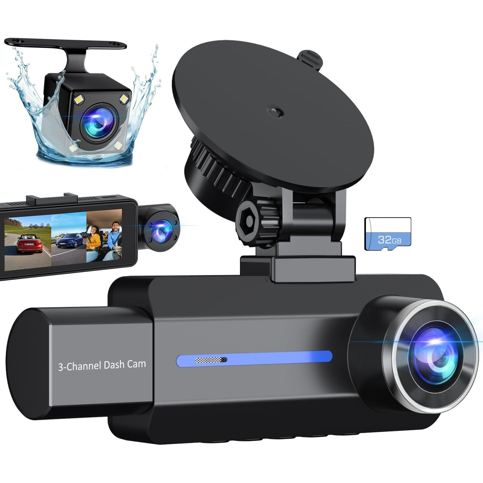 3 Channel 2.5K Dash Cam, 1440P Dash Cam Front And Rear Inside, Dash Camera For Cars, Triple Car Camera With 32Gb Card, G-Sensor, 24Hr Parking, 170Wide Angle, Loop Recording, Ir Night Vision, Blue