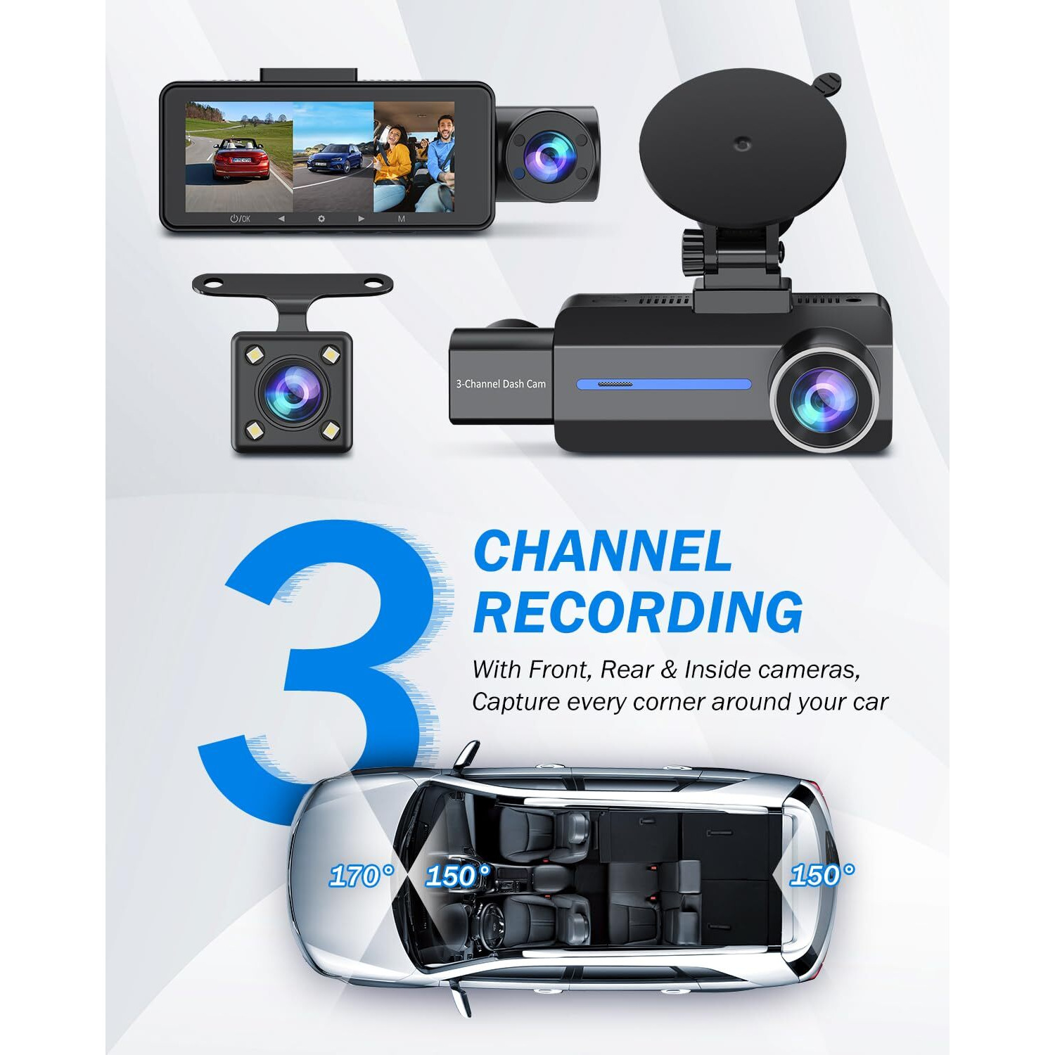 3 Channel 2.5K Dash Cam, 1440P Dash Cam Front And Rear Inside, Dash Camera For Cars, Triple Car Camera With 32Gb Card, G-Sensor, 24Hr Parking, 170Wide Angle, Loop Recording, Ir Night Vision, Blue