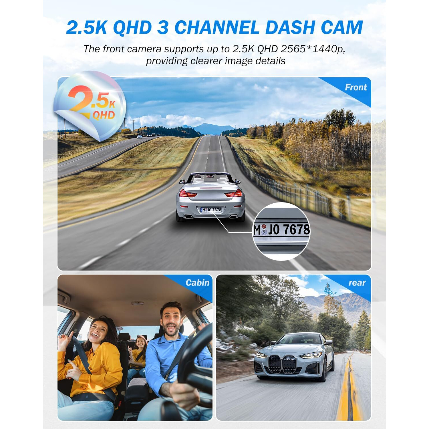 3 Channel 2.5K Dash Cam, 1440P Dash Cam Front And Rear Inside, Dash Camera For Cars, Triple Car Camera With 32Gb Card, G-Sensor, 24Hr Parking, 170Wide Angle, Loop Recording, Ir Night Vision, Blue