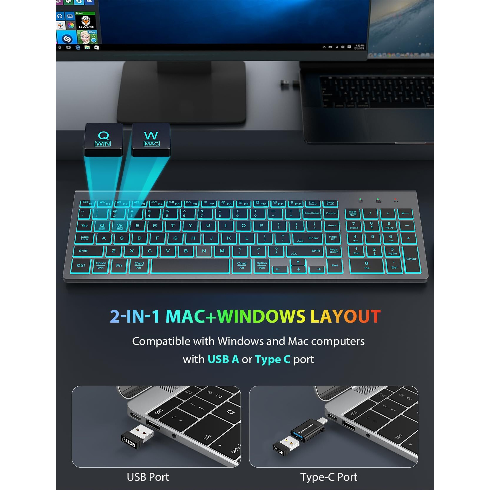 Sablute Wireless Keyboard And Mouse Combo Backlit - Compact Quiet Keyboard With Rgb Mouse, Rechargeable, Slim, Sleep Mode, Portable Cordless Keyboard Mouse Set For Mac, Windows, Laptop (Space Gray)